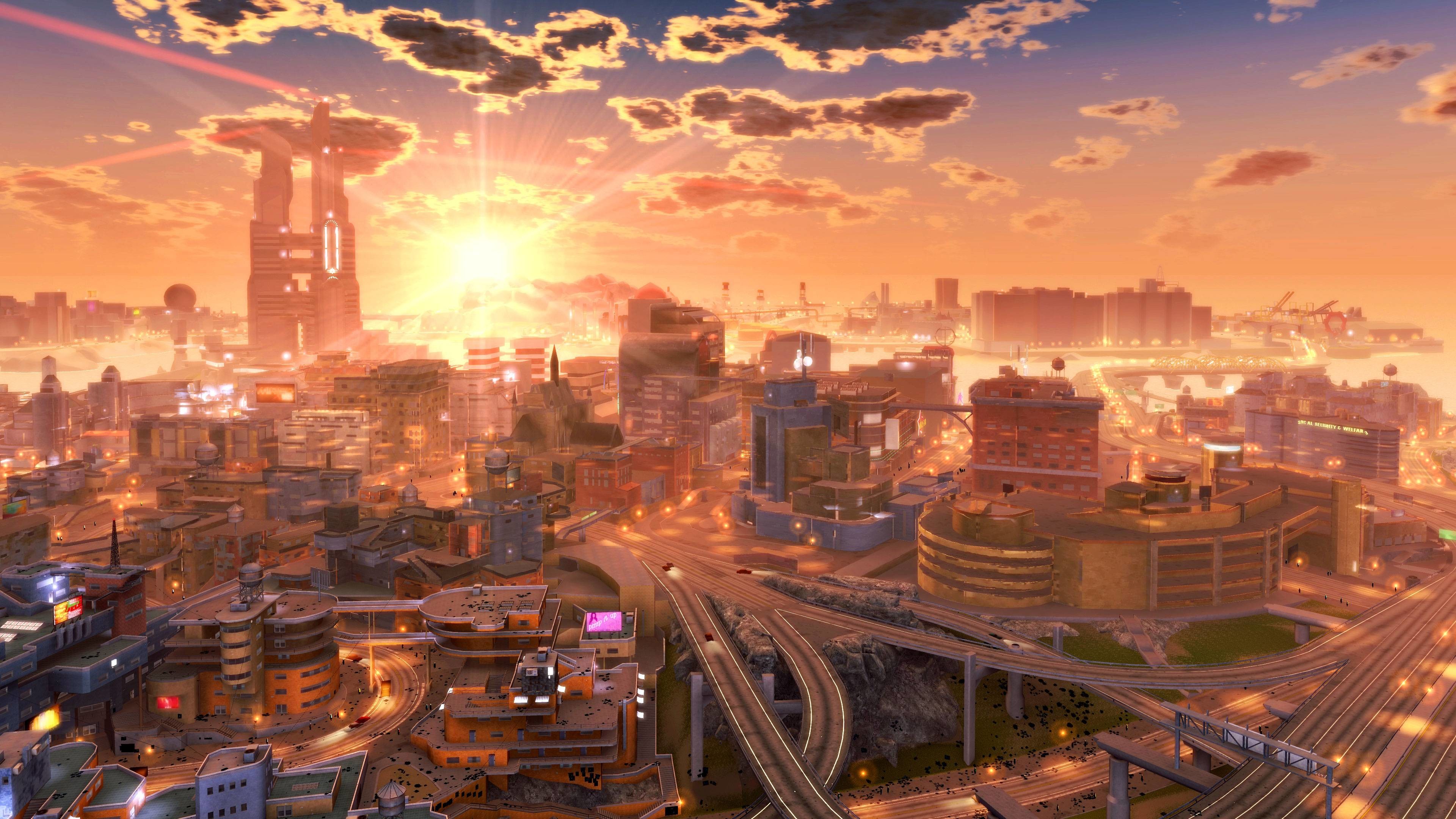 Città futuristica, Tramonto, Metropoli, Arte digitale, Arancione, sfondo widescreen 4K