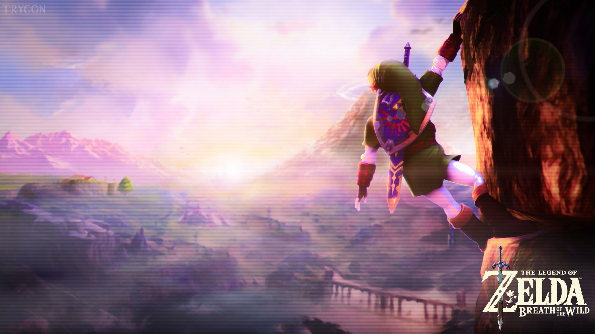 Link, The Legend of Zelda: Breath of the Wild, Arrampicata, Logo, Alba, sfondo widescreen Full HD
