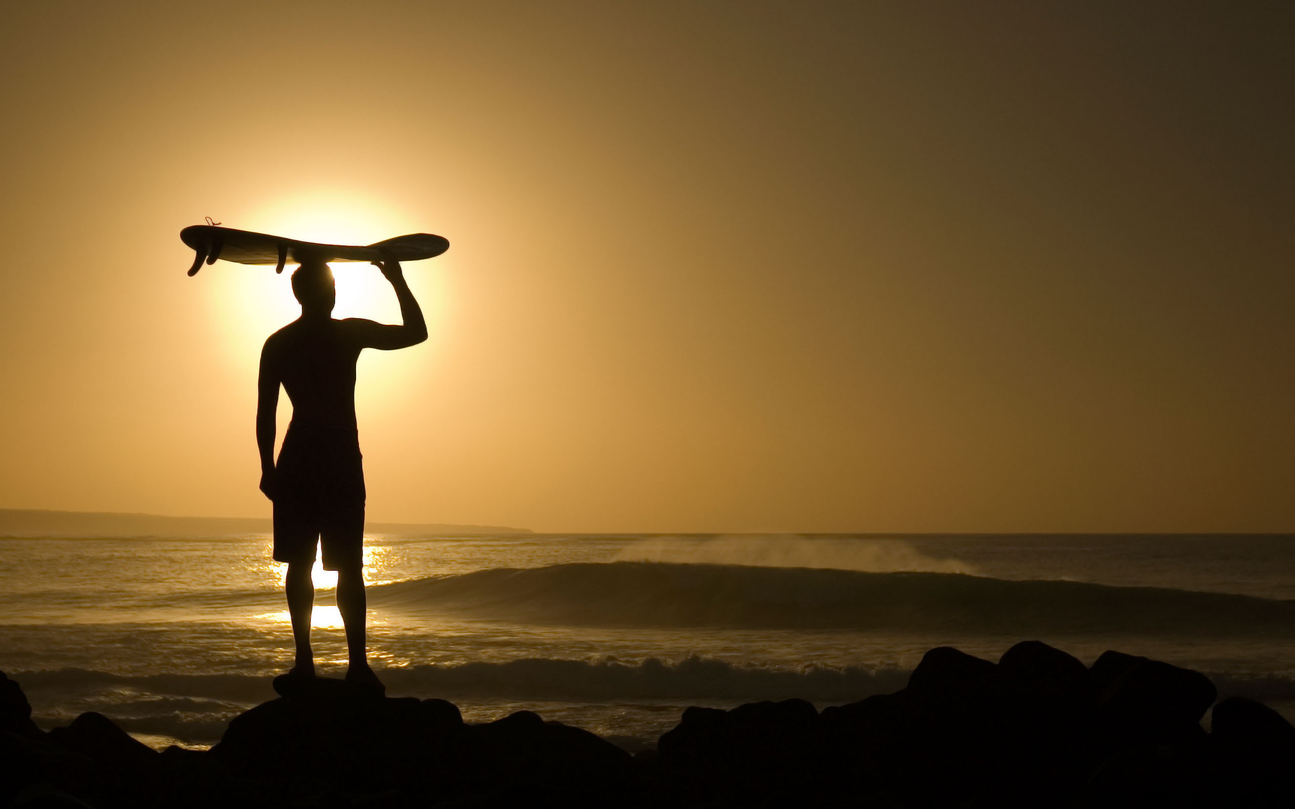 Surfista, Silhouette, Tavola sulla testa, Tramonto, 2K, sfondo per PC