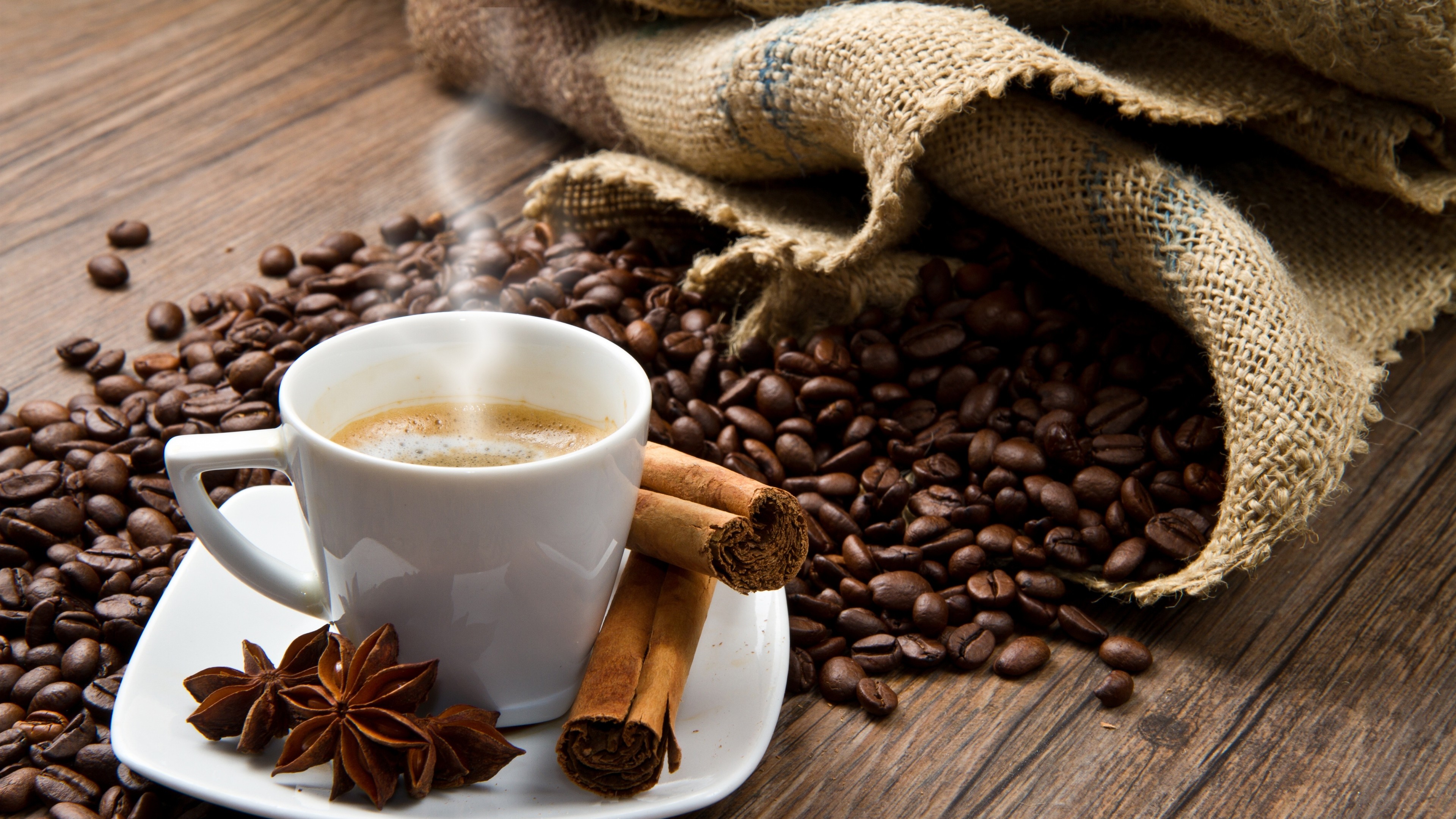 Caffè, Chicchi di caffè, Cannella, Anice stellato, Tazza, 4K, sfondo per portatile