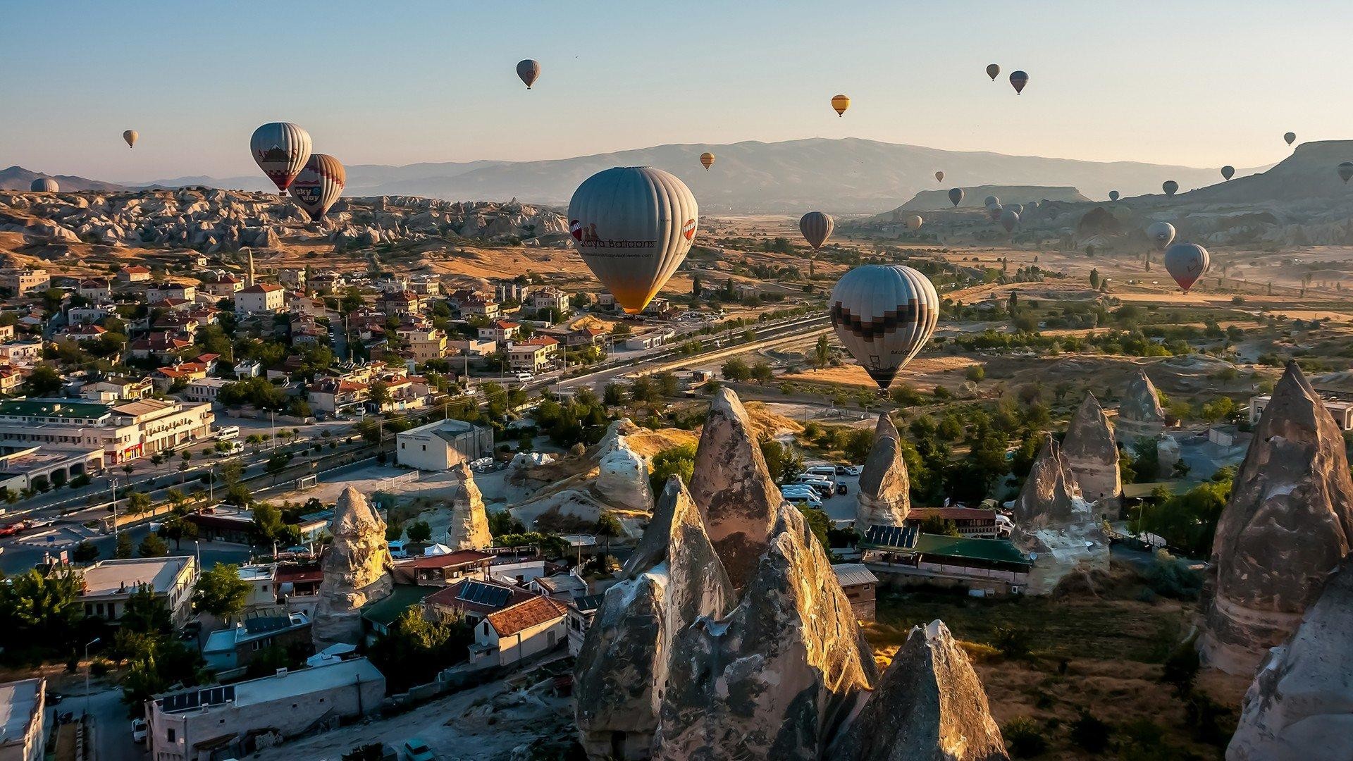 Cappadocia, Turchia, Mongolfiere, Camini delle fate, Alba, Full HD, wallpaper per computer