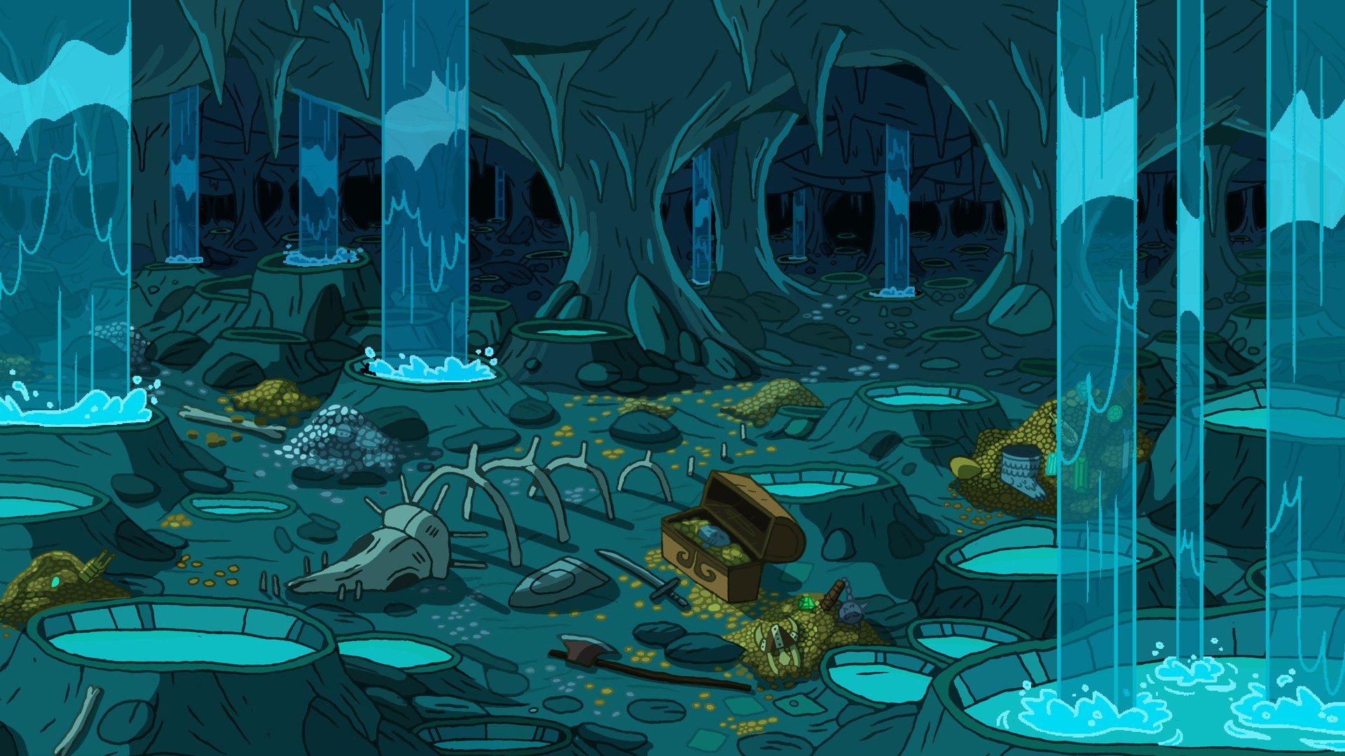 Adventure Time, Caverna, Cascate, Tesoro, 16:9 Full HD, sfondo widescreen