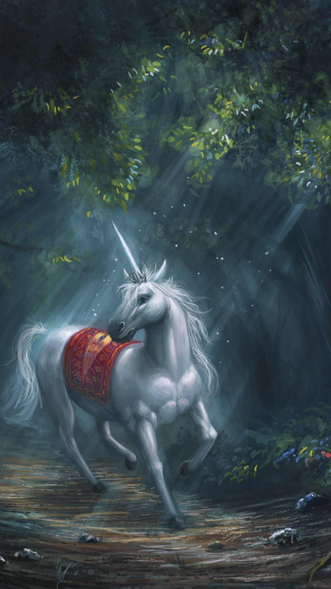 Unicorno, Fantasy, Foresta, Illustrazione, 1080x1920, schermata di blocco iPhone