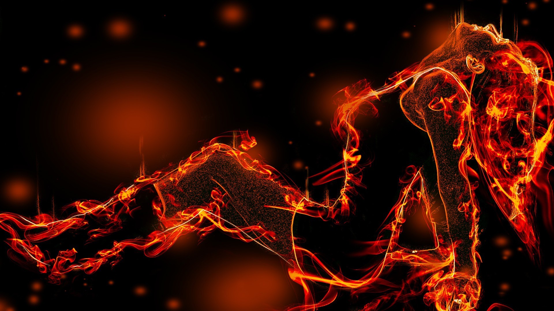 Donna di fuoco, Fiamme, Arte digitale, Sfondo nero, Full HD, wallpaper per portatile