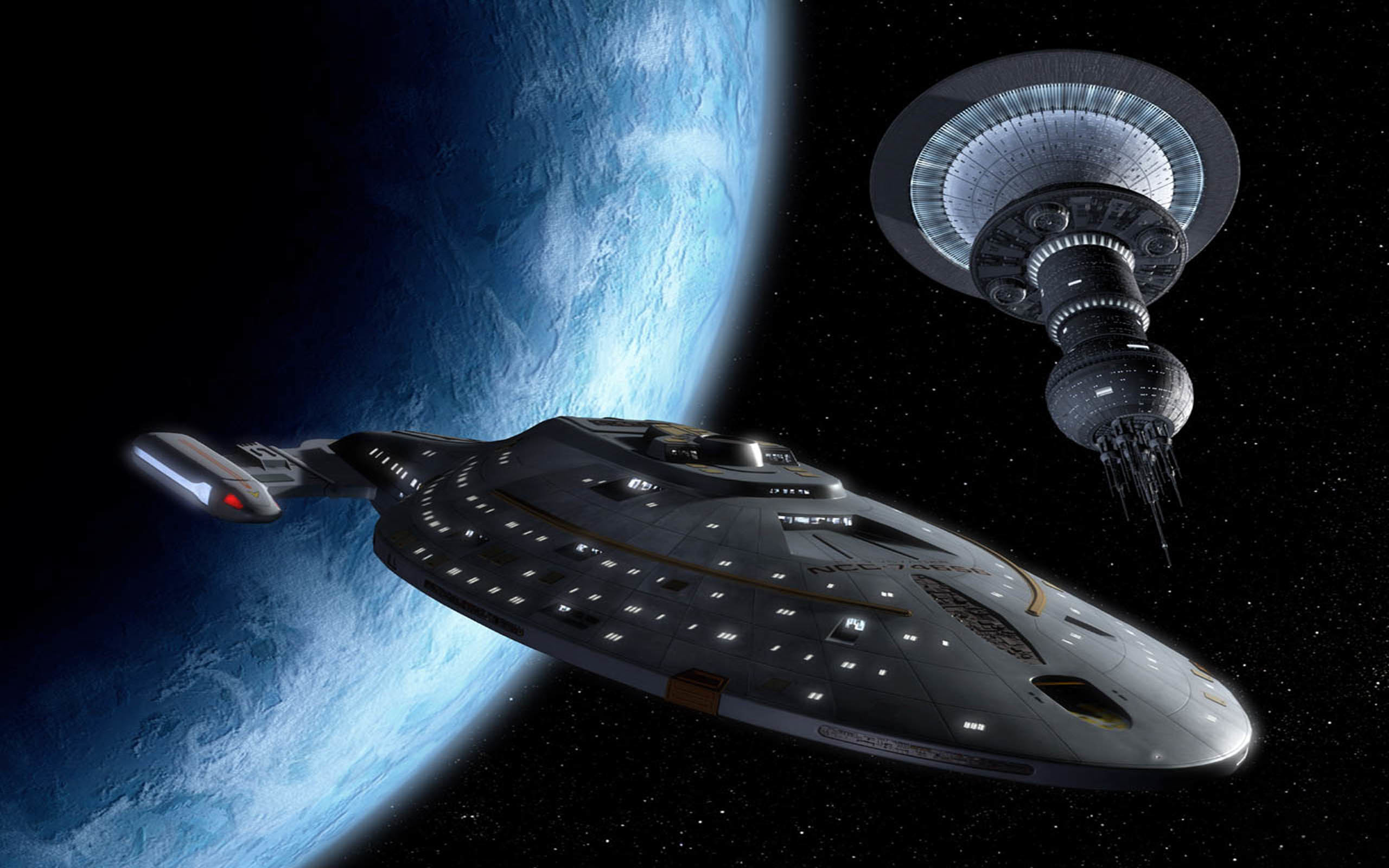 USS Voyager, Star Trek: Voyager, Stazione spaziale, Pianeta, Spazio, sfondo desktop 2560x1600