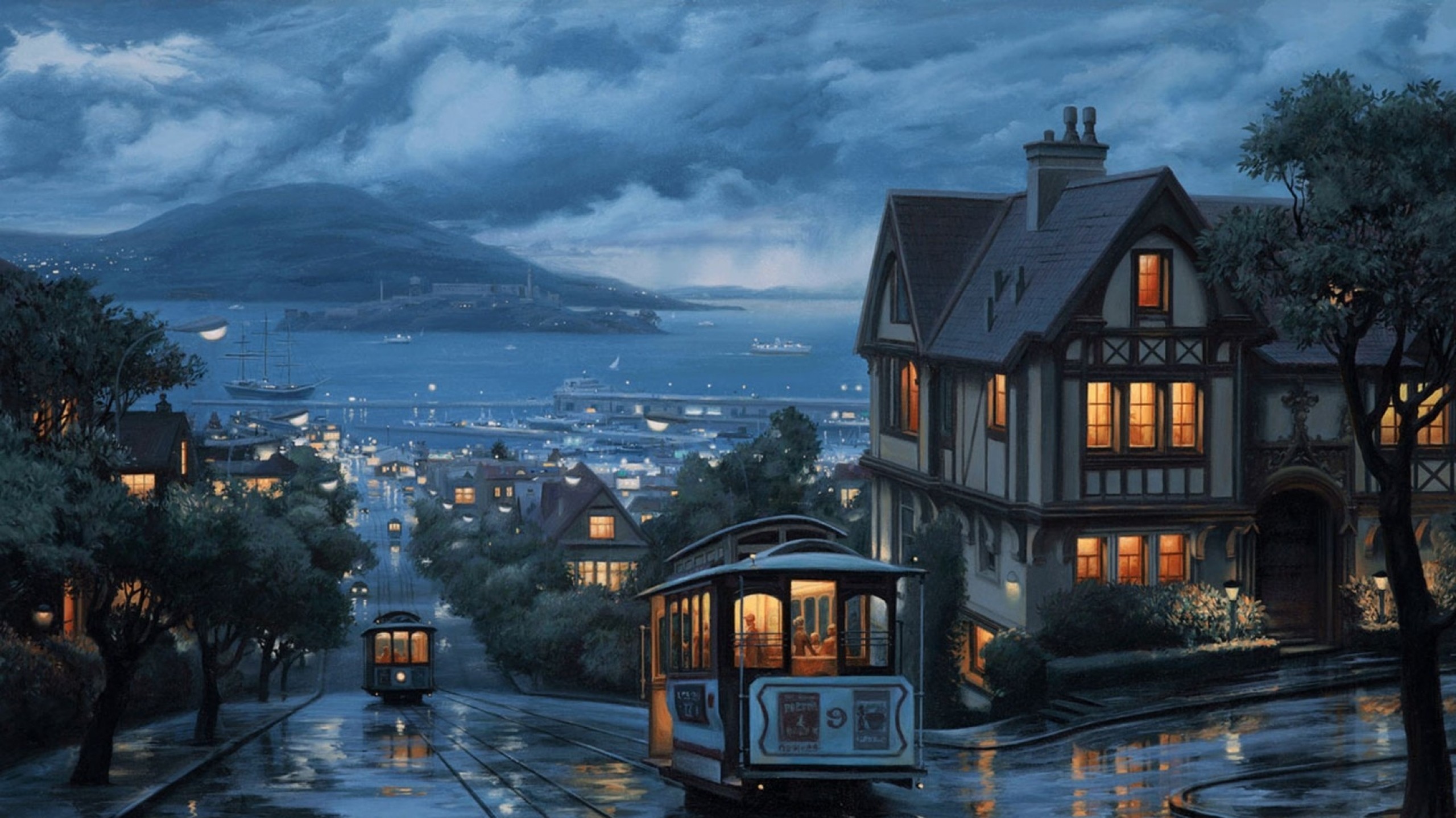 San Francisco, Cable car, Casa vittoriana, Notte, Pittura, 2560x1440, immagine di sfondo
