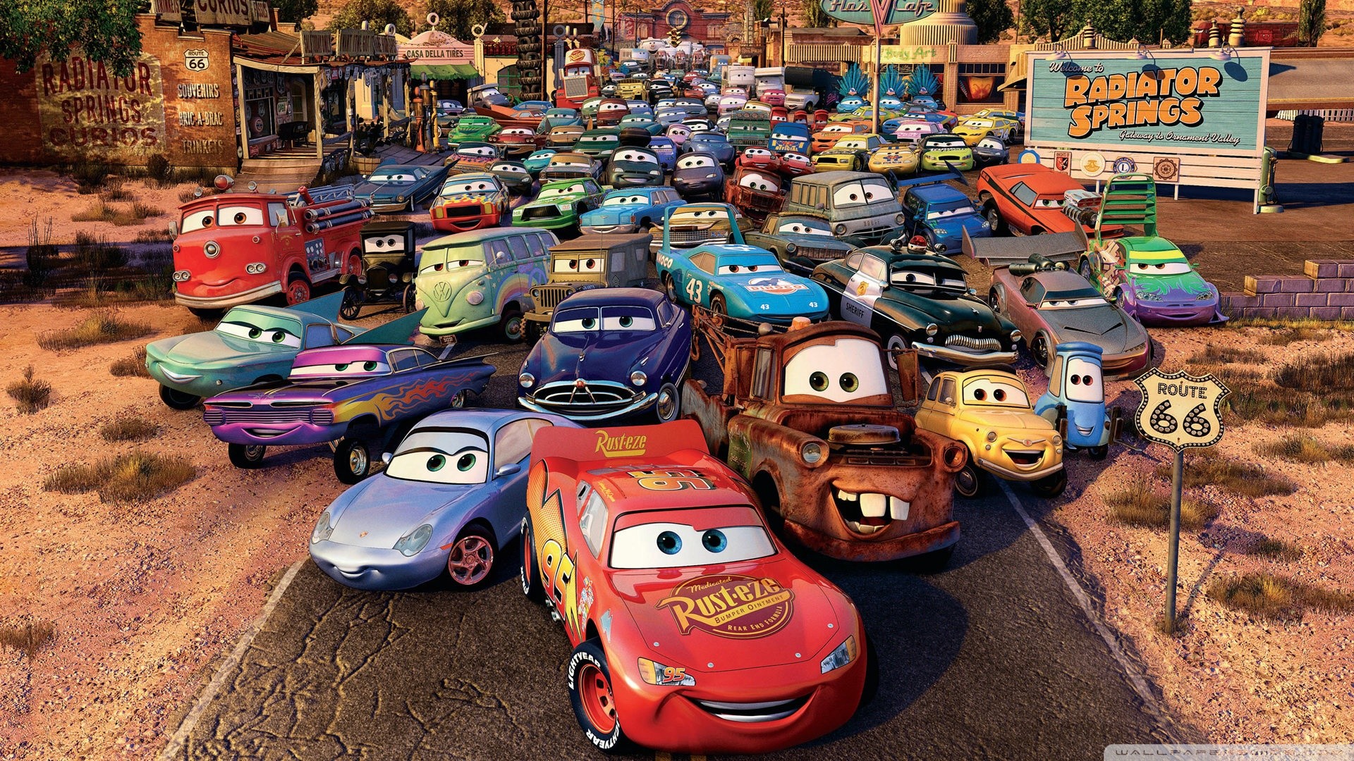 Cars, Saetta McQueen, Cricchetto, Radiator Springs, Pixar, Full HD, sfondo per PC e portatile