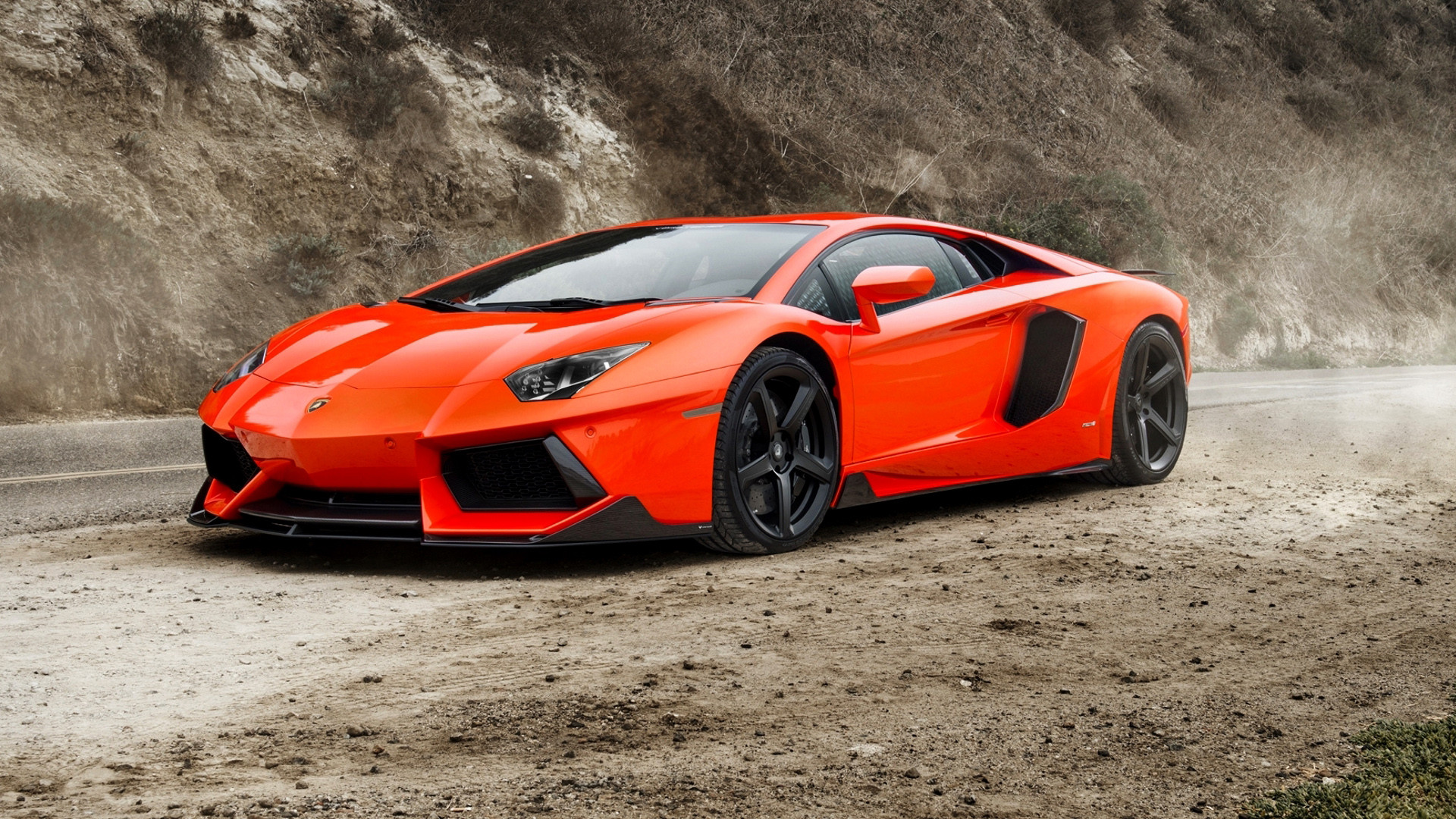 Lamborghini Aventador, Arancione, Strada sterrata, Supercar, 1920x1080, immagine di sfondo