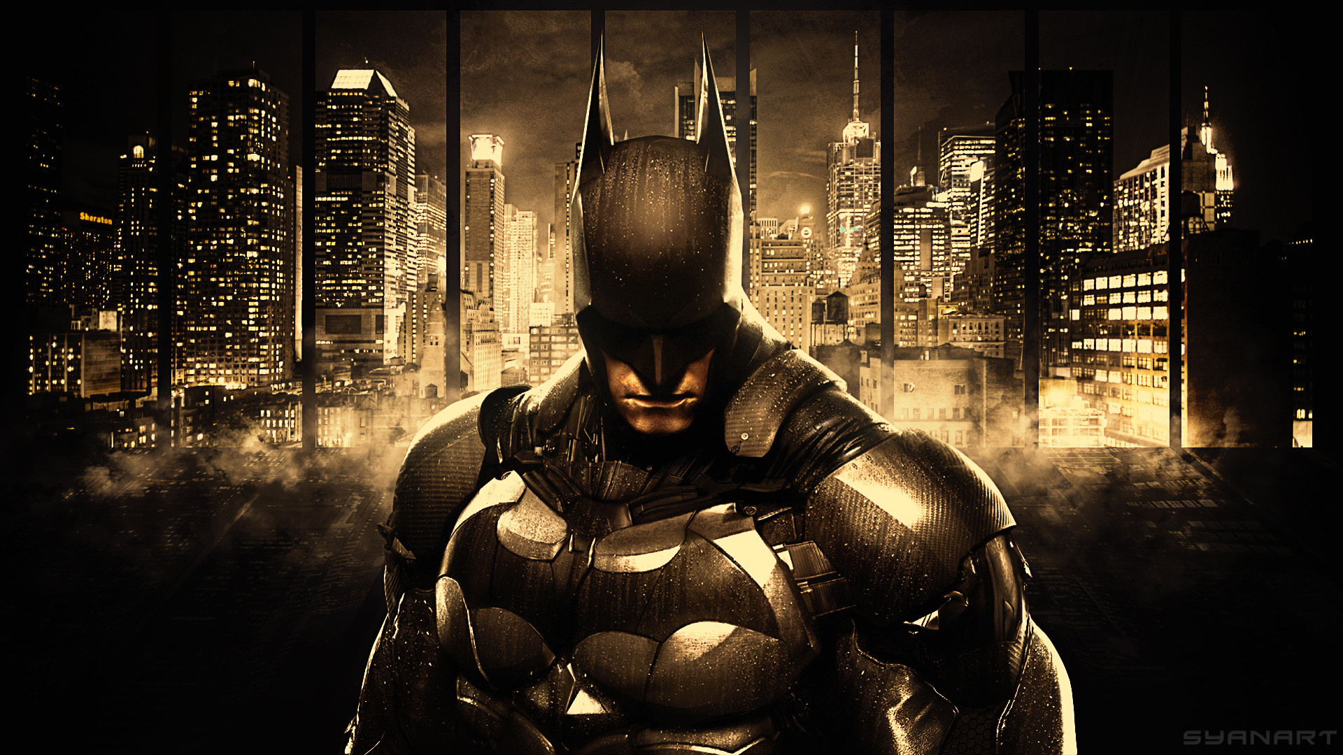 Batman, Gotham City, Grattacieli, Notte, Toni dorati, Full HD, sfondo per portatile