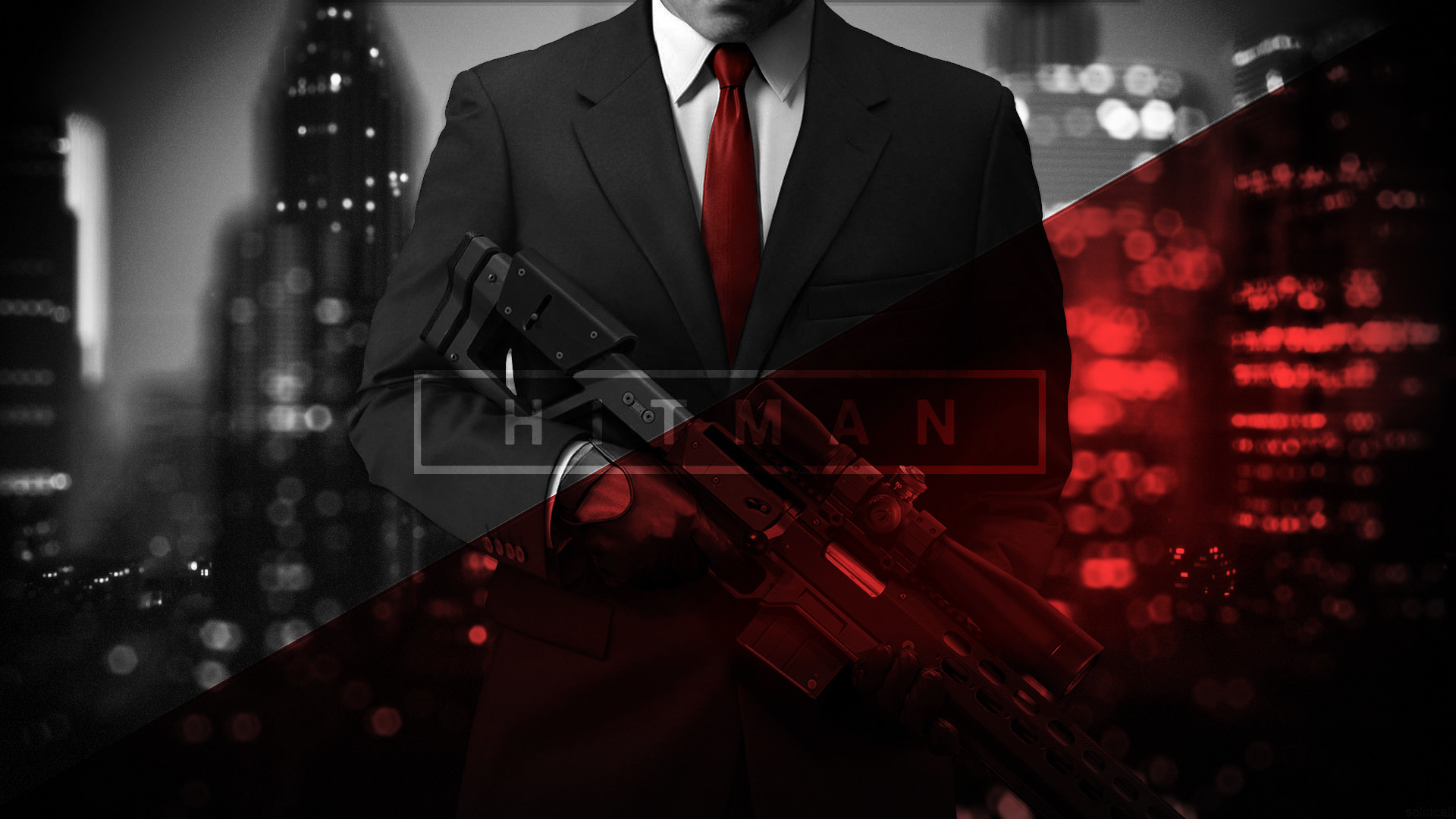 Hitman, Agente 47, Fucile di precisione, Città notturna, Rosso, Full HD, sfondo desktop
