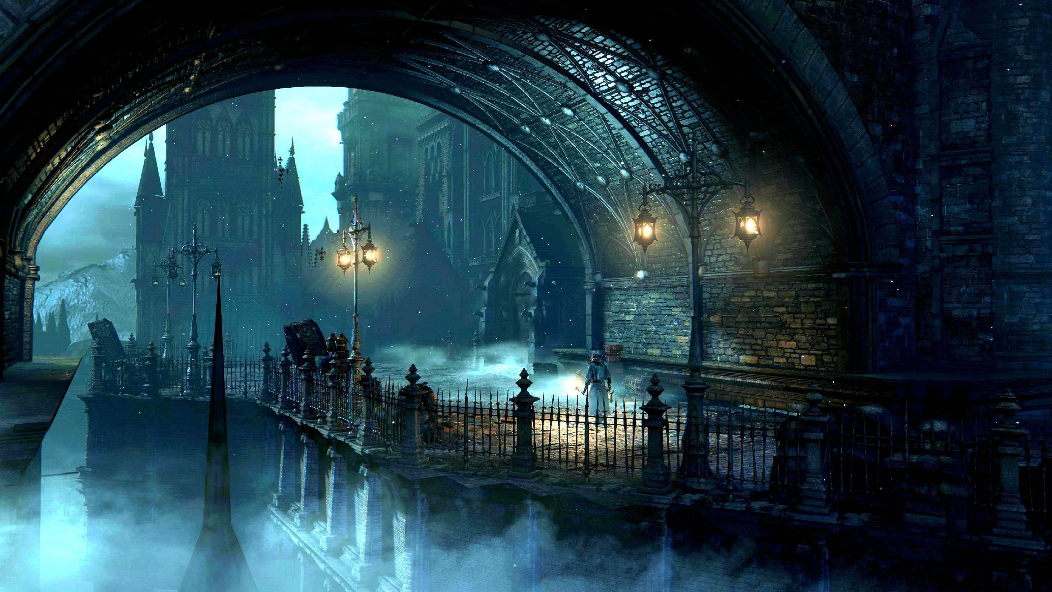 Yharnam, Bloodborne, Ponte, Lampioni, Nebbia, 2K, sfondo per PC e portatile