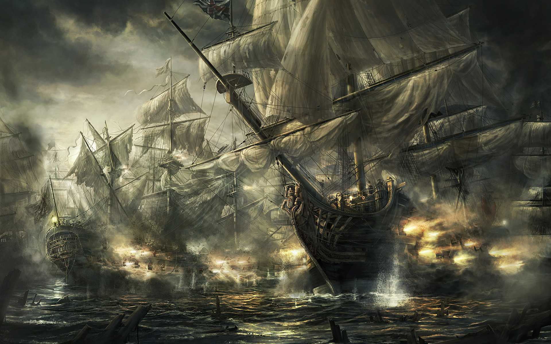 Battaglia navale, Galeoni, Cannoni, Fumo, Pittura digitale, 1920x1200, immagine di sfondo