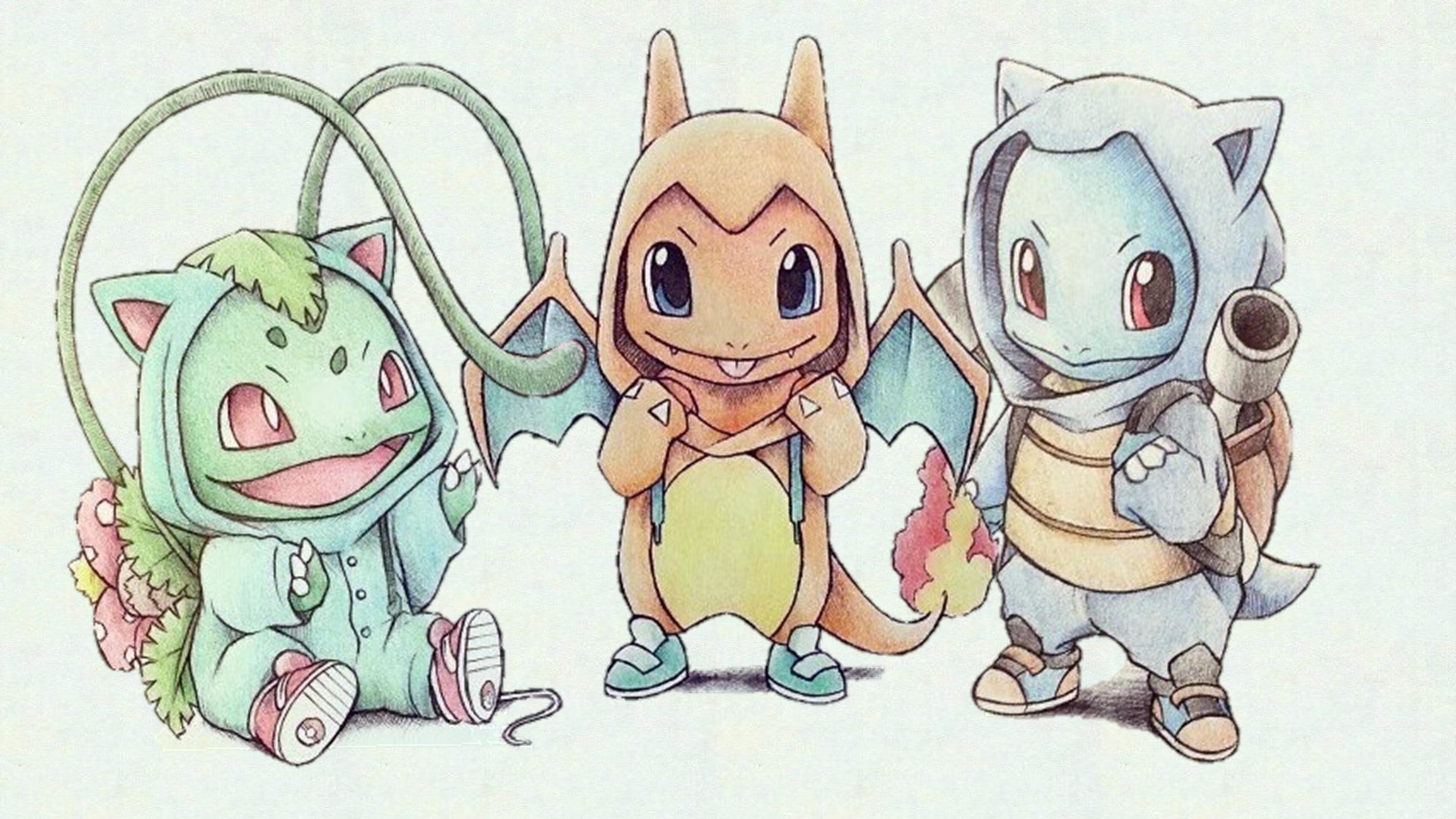 Bulbasaur, Charmander, Squirtle, Pokémon, Costumi, Acquerello, 16:9 2K, sfondo widescreen