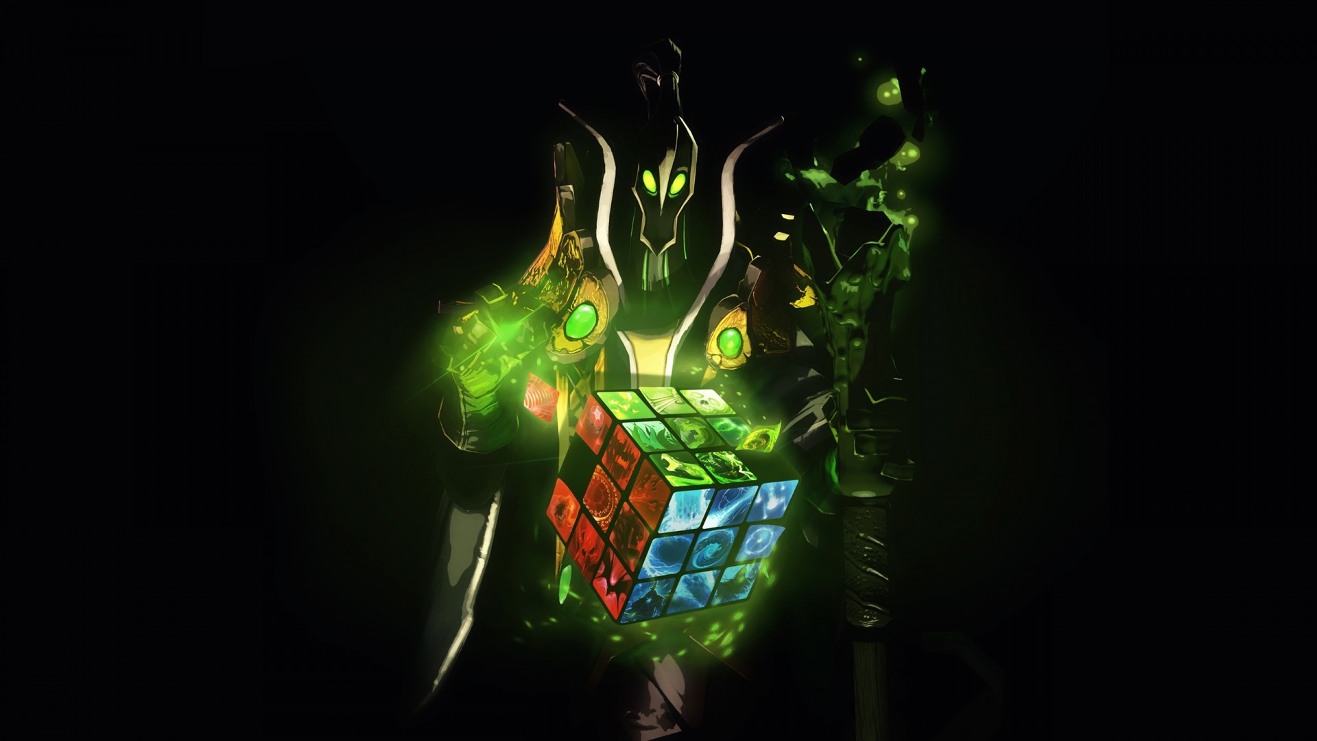 Rubick, Dota 2, Cubo di Rubik, Verde, Sfondo nero, Full HD, wallpaper desktop