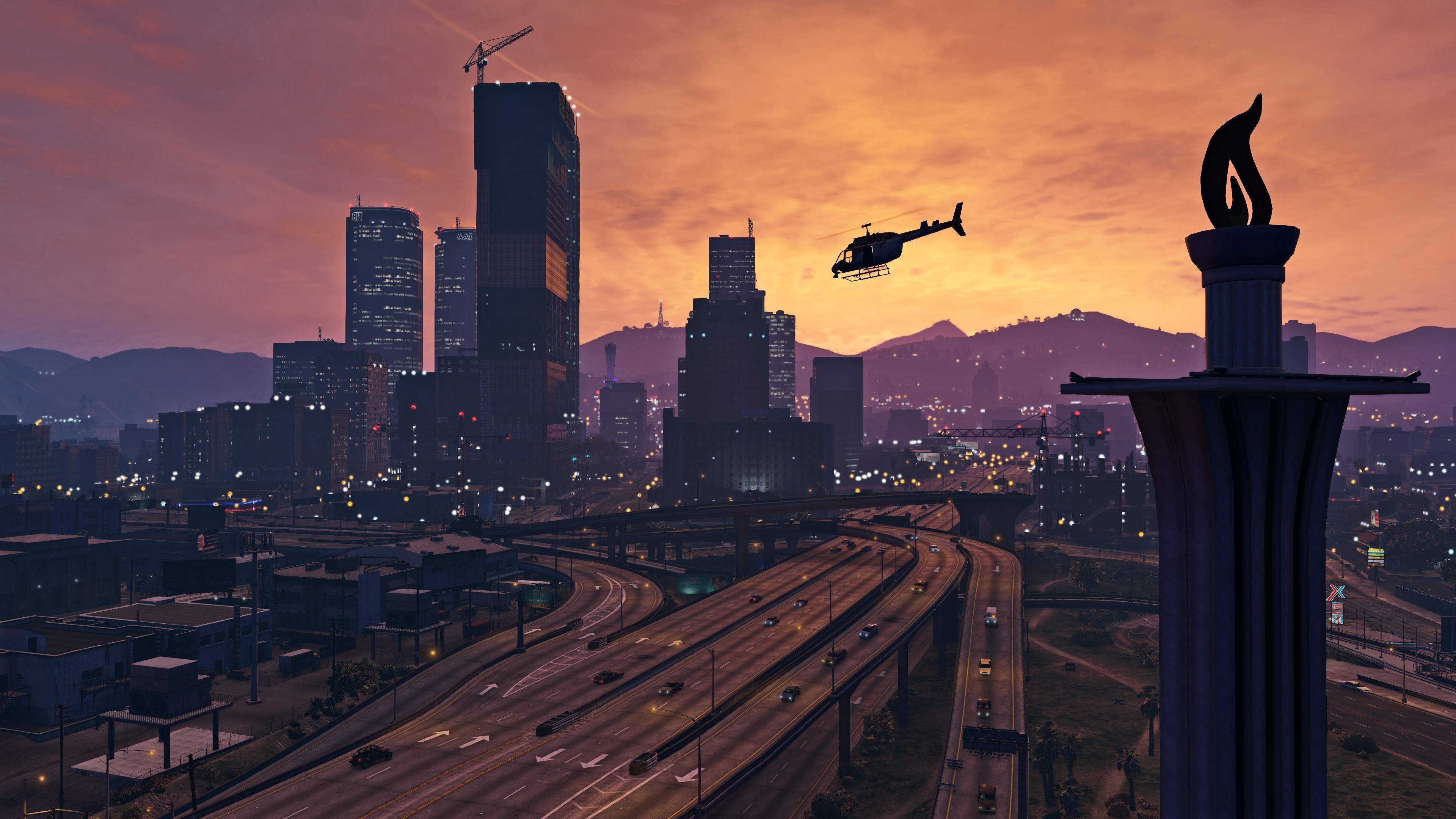 Grand Theft Auto V, Los Santos, Tramonto, Elicottero, sfondo PC 4K