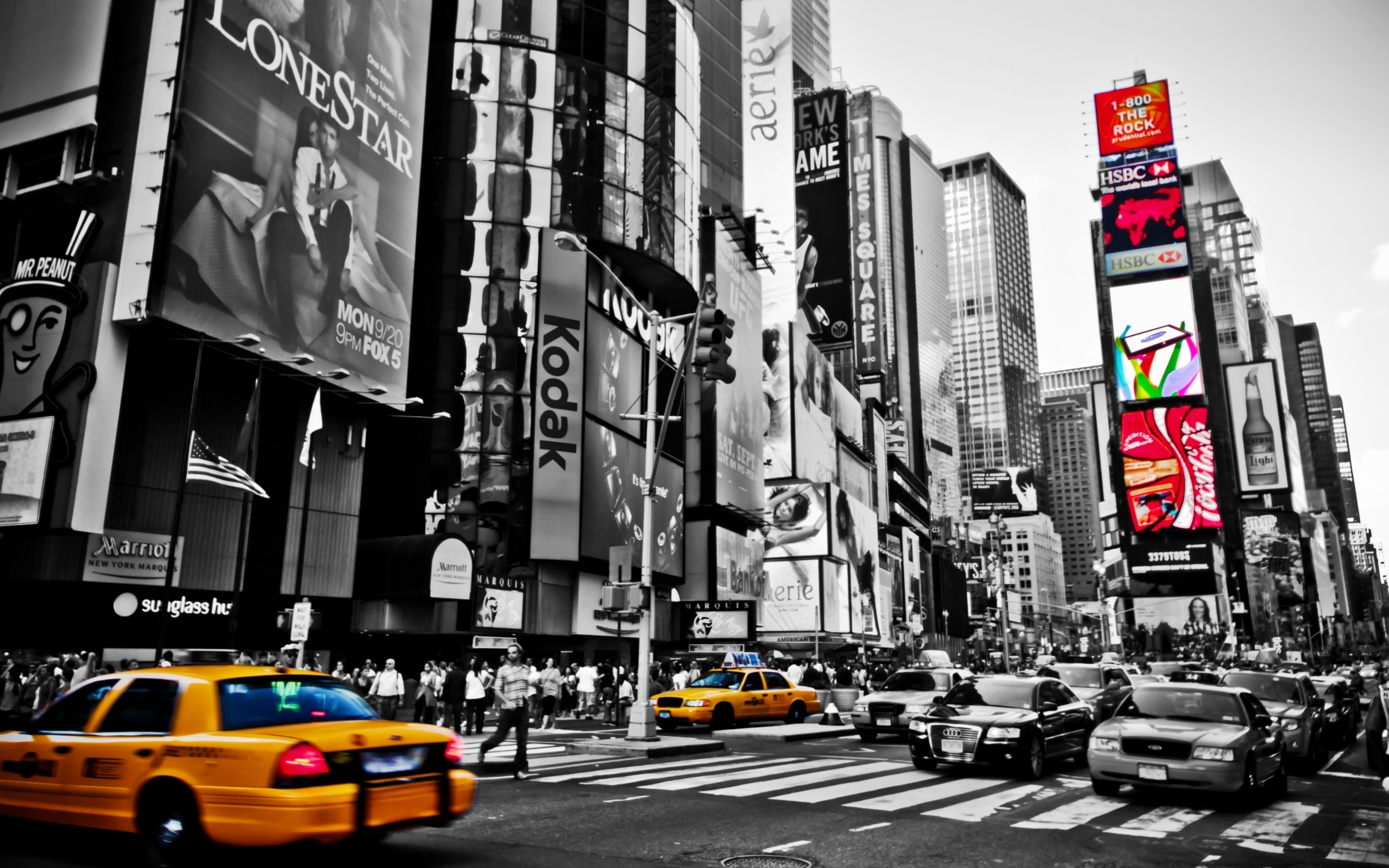 Times Square, New York, Taxi gialli, Bianco e nero, 2K, sfondo Mac