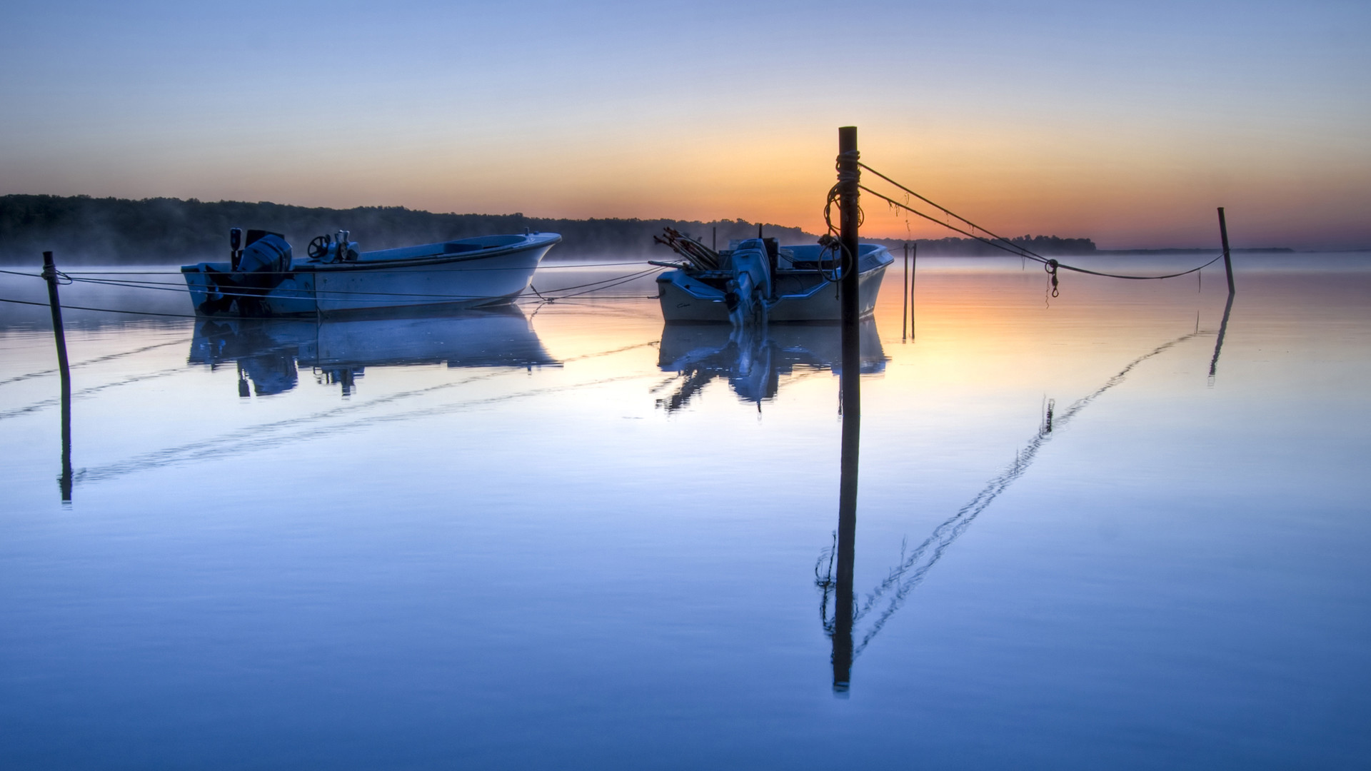 Barche, Lago calmo, Alba, Blu, Full HD, sfondo per portatile