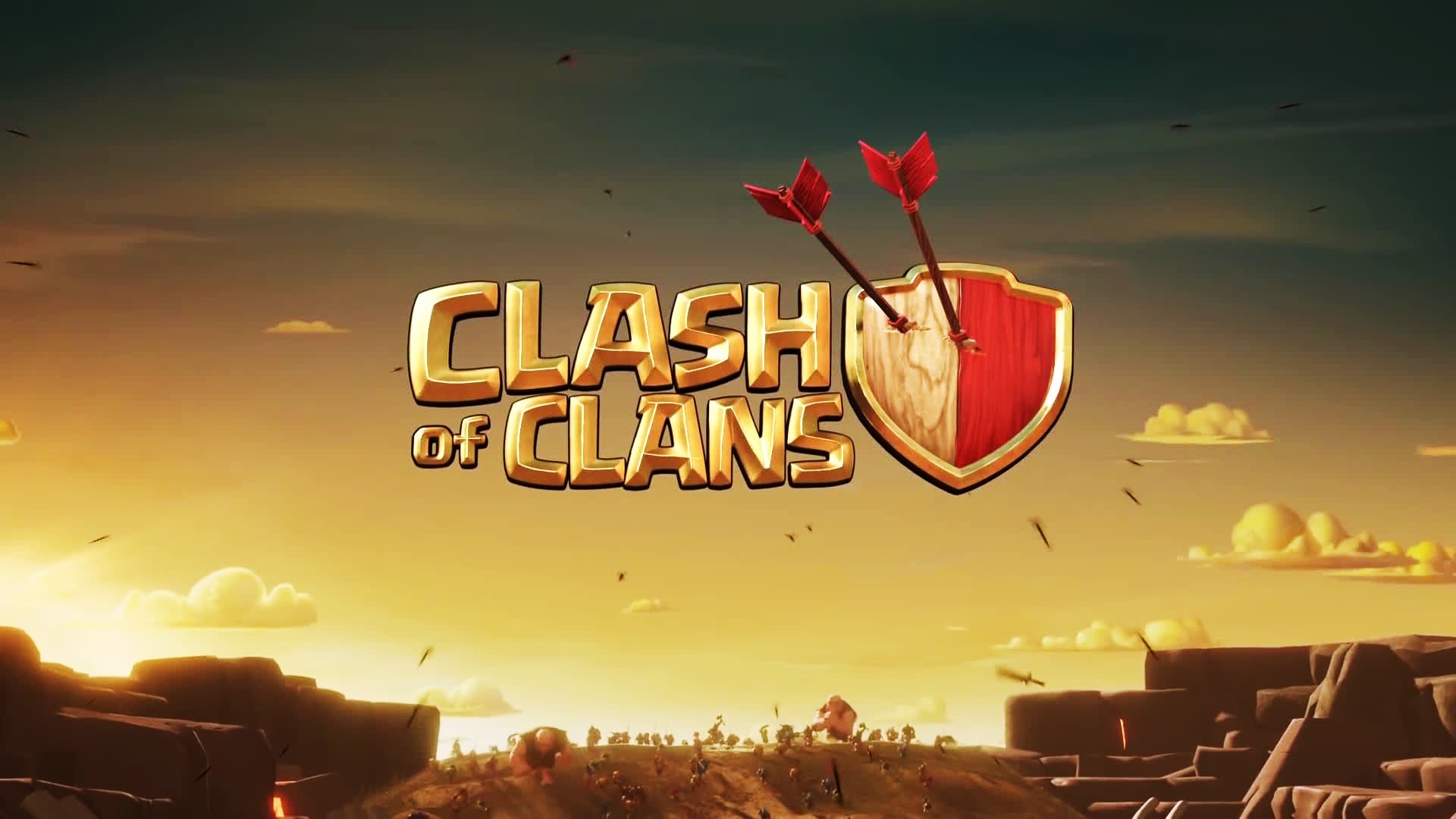 Clash of Clans, Logo, Tramonto, Campo di battaglia, 16:9 Full HD, sfondo widescreen