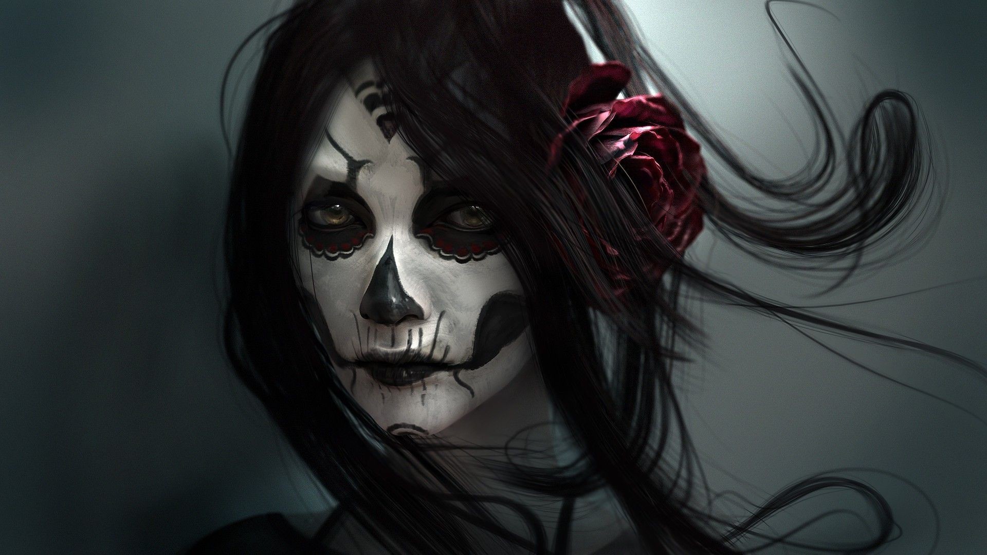 Catrina, Trucco Día de los Muertos, Rosa rossa, Ritratto, Full HD, sfondo Windows 11
