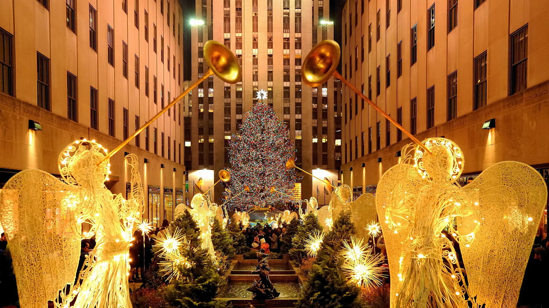 Rockefeller Center, Albero di Natale, New York, Angeli luminosi, sfondo per portatile