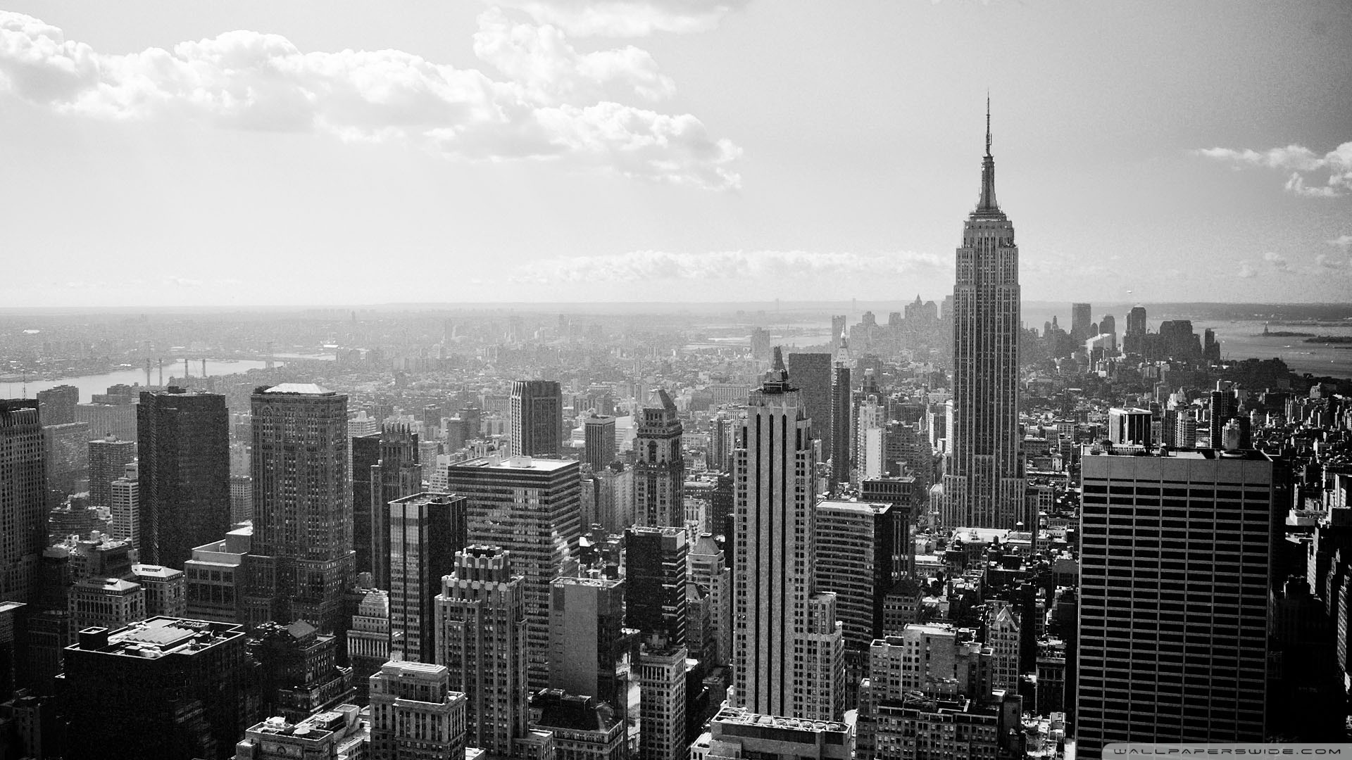 Empire State Building, Manhattan, New York, Bianco e nero, Skyline, sfondo widescreen Full HD