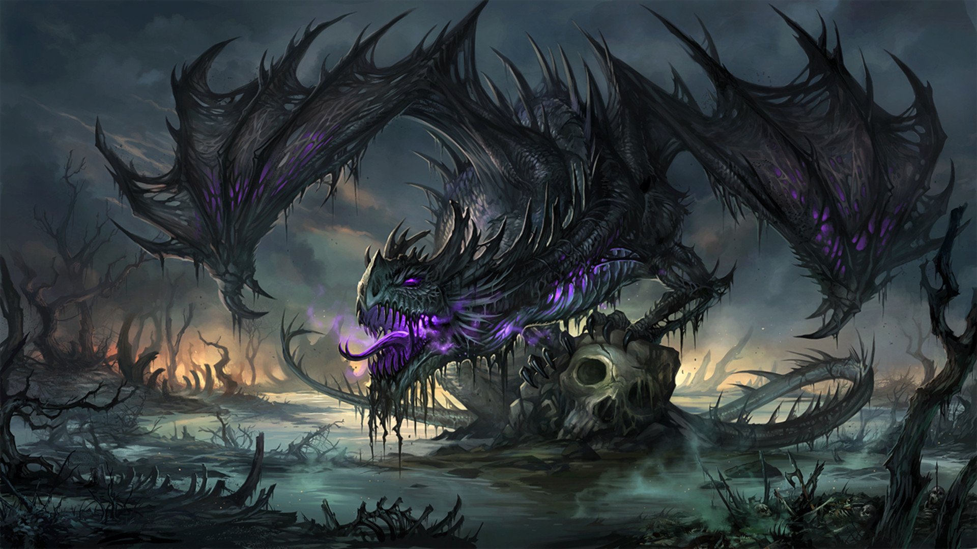 Drago nero, Teschio, Palude, Arte fantasy, Full HD, sfondo per PC e portatile