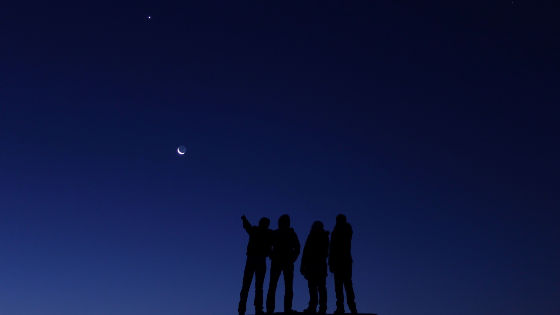 Luna crescente, Silhouette, Amici, Crepuscolo, 16:9 Full HD, sfondo widescreen