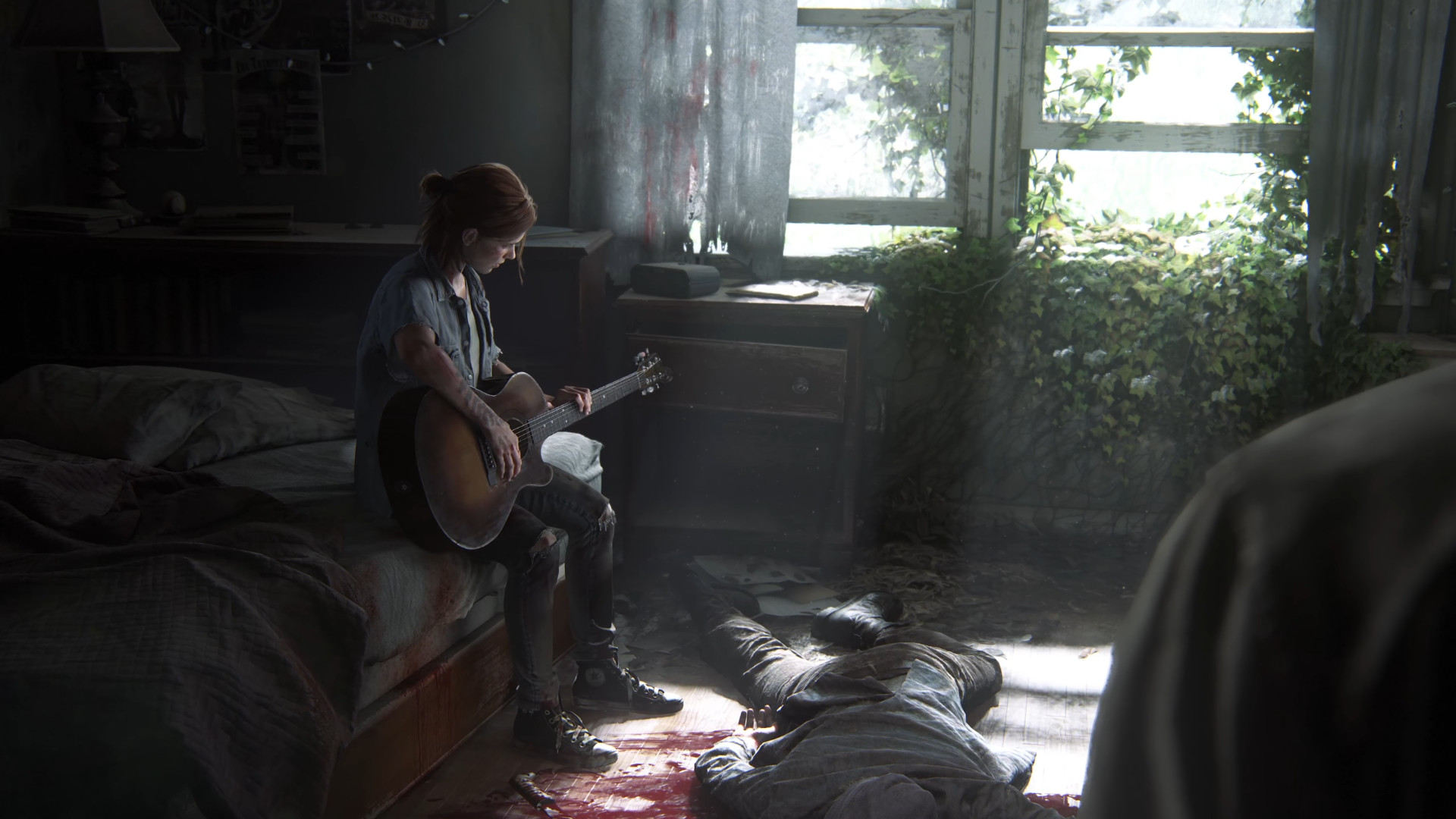 The Last of Us Parte II, Ellie, Chitarra, Camera da letto, Penombra, sfondo widescreen Full HD