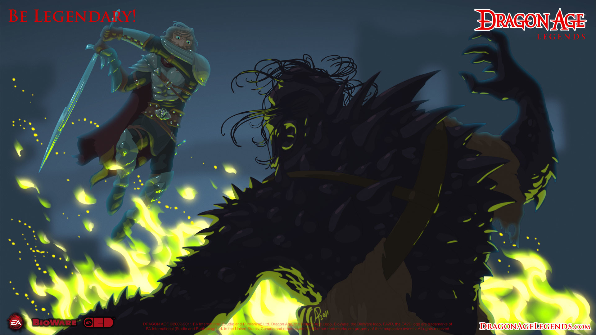 Dragon Age: Legends, Guerriero, Mostro, Fuoco verde, 16:9 Full HD, sfondo widescreen