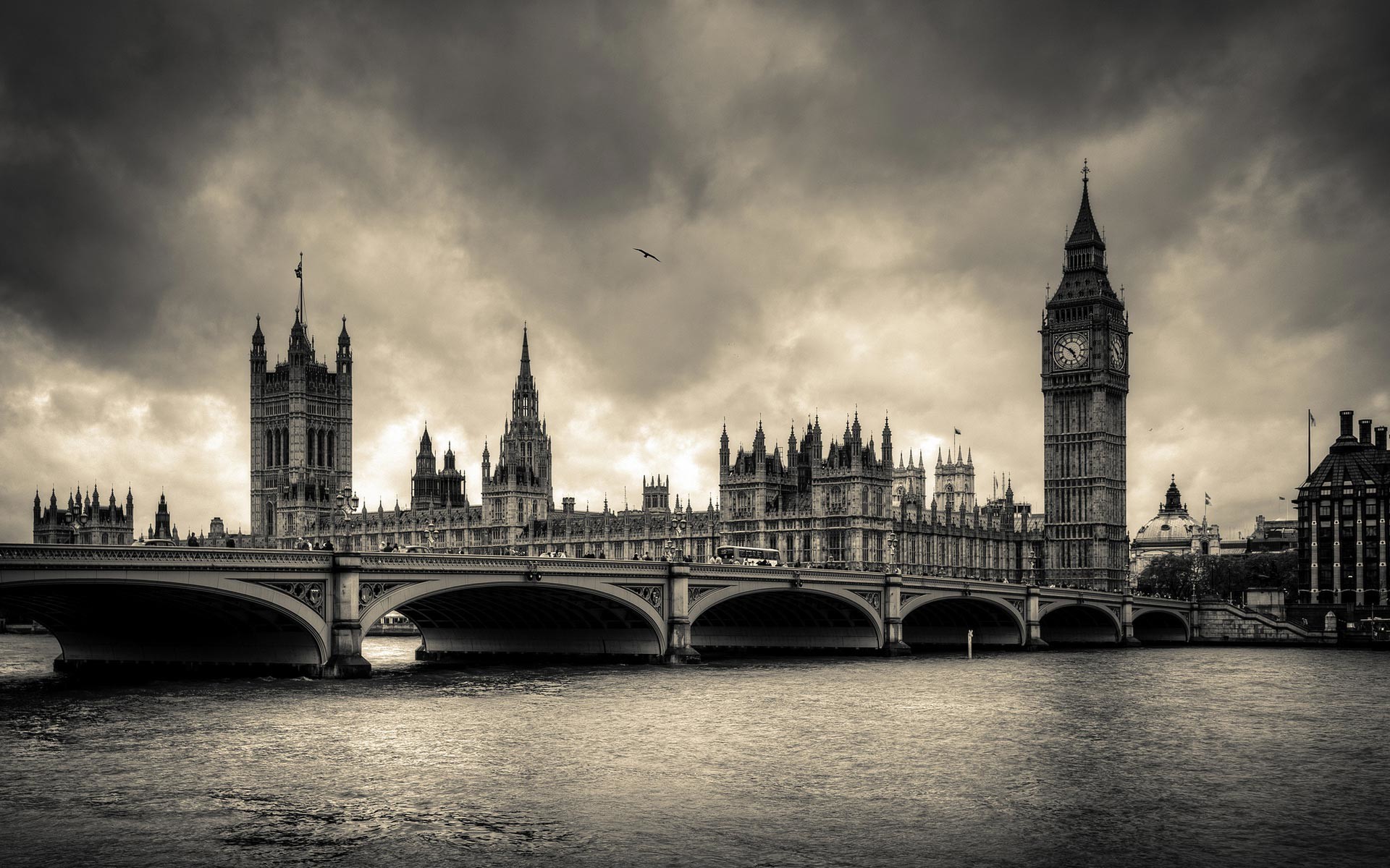 Palazzo di Westminster, Big Ben, Ponte di Westminster, Londra, Seppia, sfondo widescreen Full HD