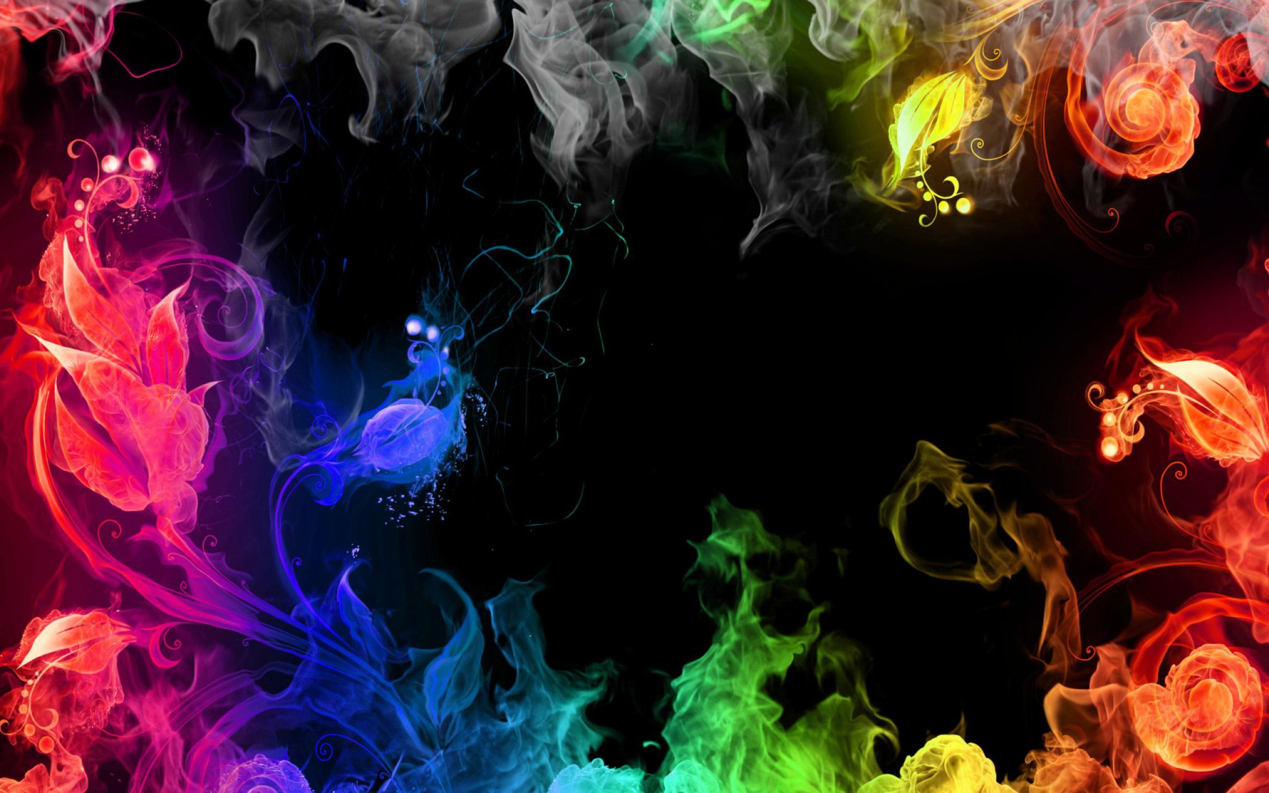 Fiamme colorate, Arcobaleno, Fumo, Sfondo nero, 2K, wallpaper per computer