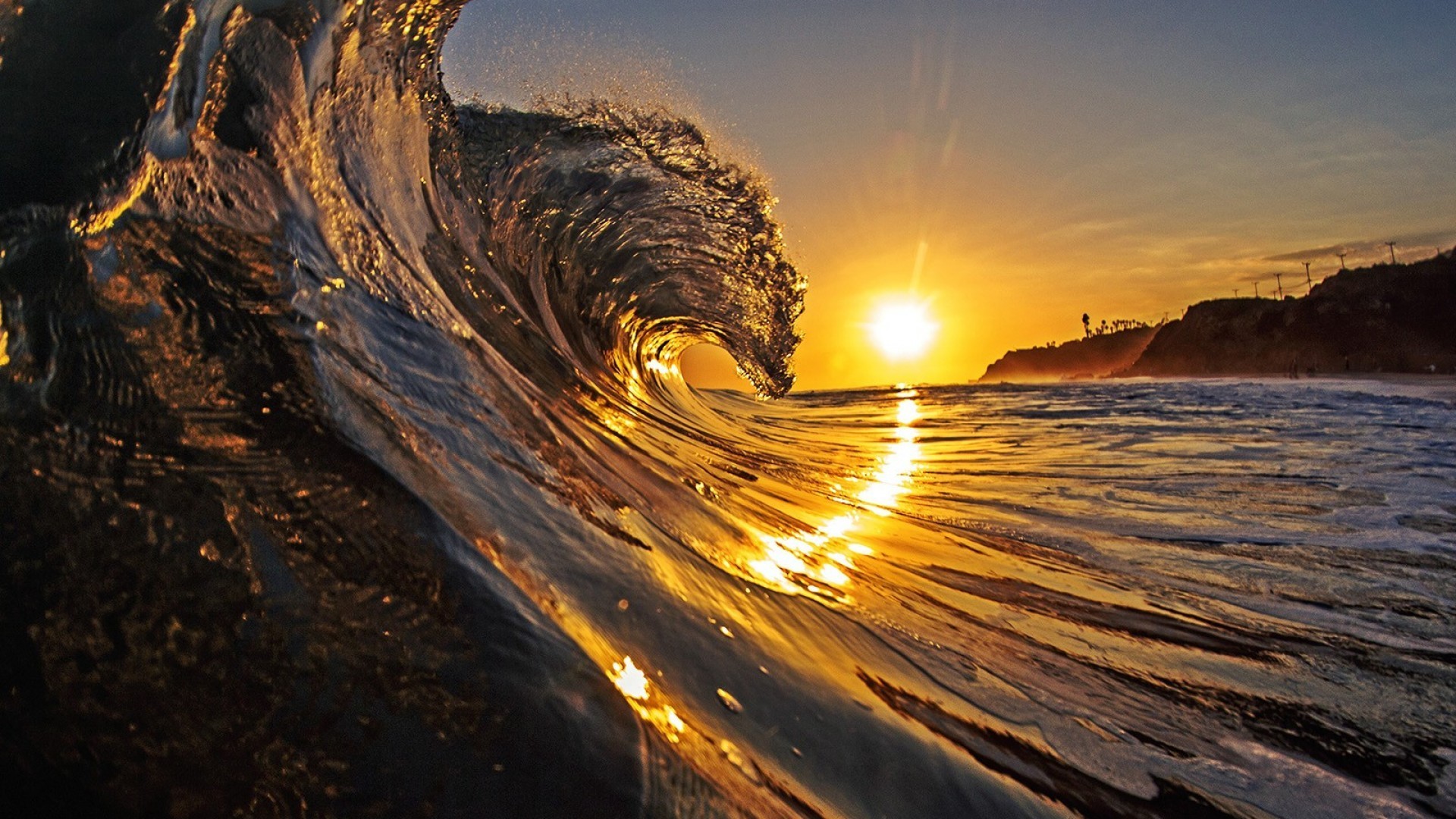 Onda, Tramonto, Surf, Oceano, Sole, 16:9 Full HD, wallpaper widescreen