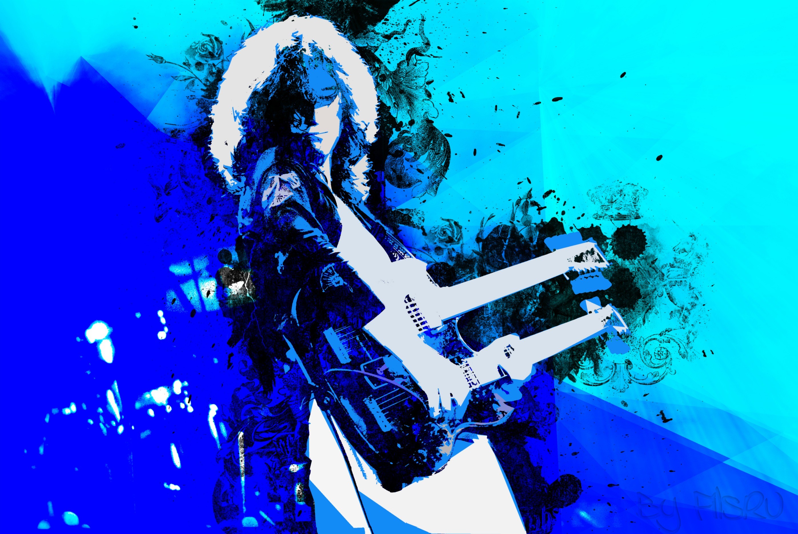 Jimmy Page, Led Zeppelin, Chitarra a doppio manico, Arte digitale, Azzurro, sfondo desktop 2K