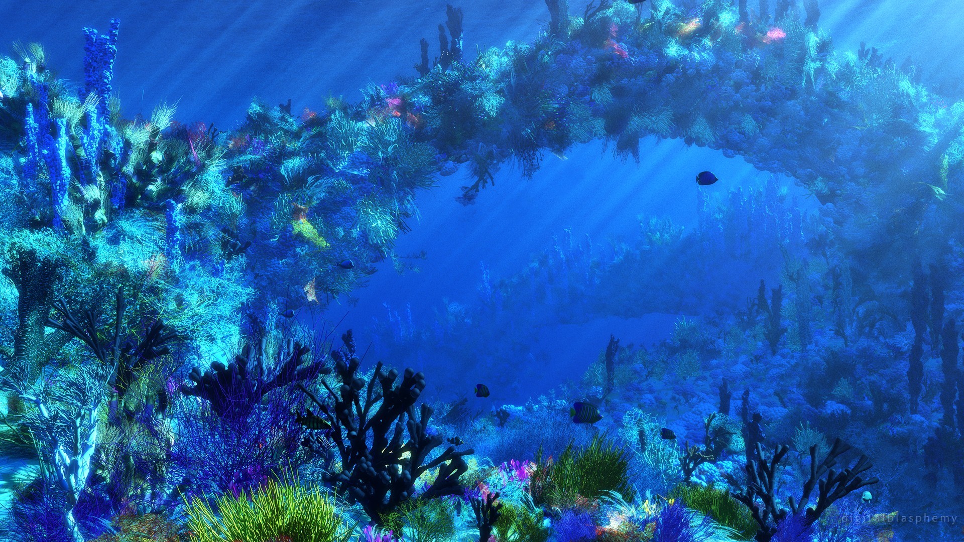 Barriera corallina, Arco di corallo, Pesci, Blu, Full HD, wallpaper per computer