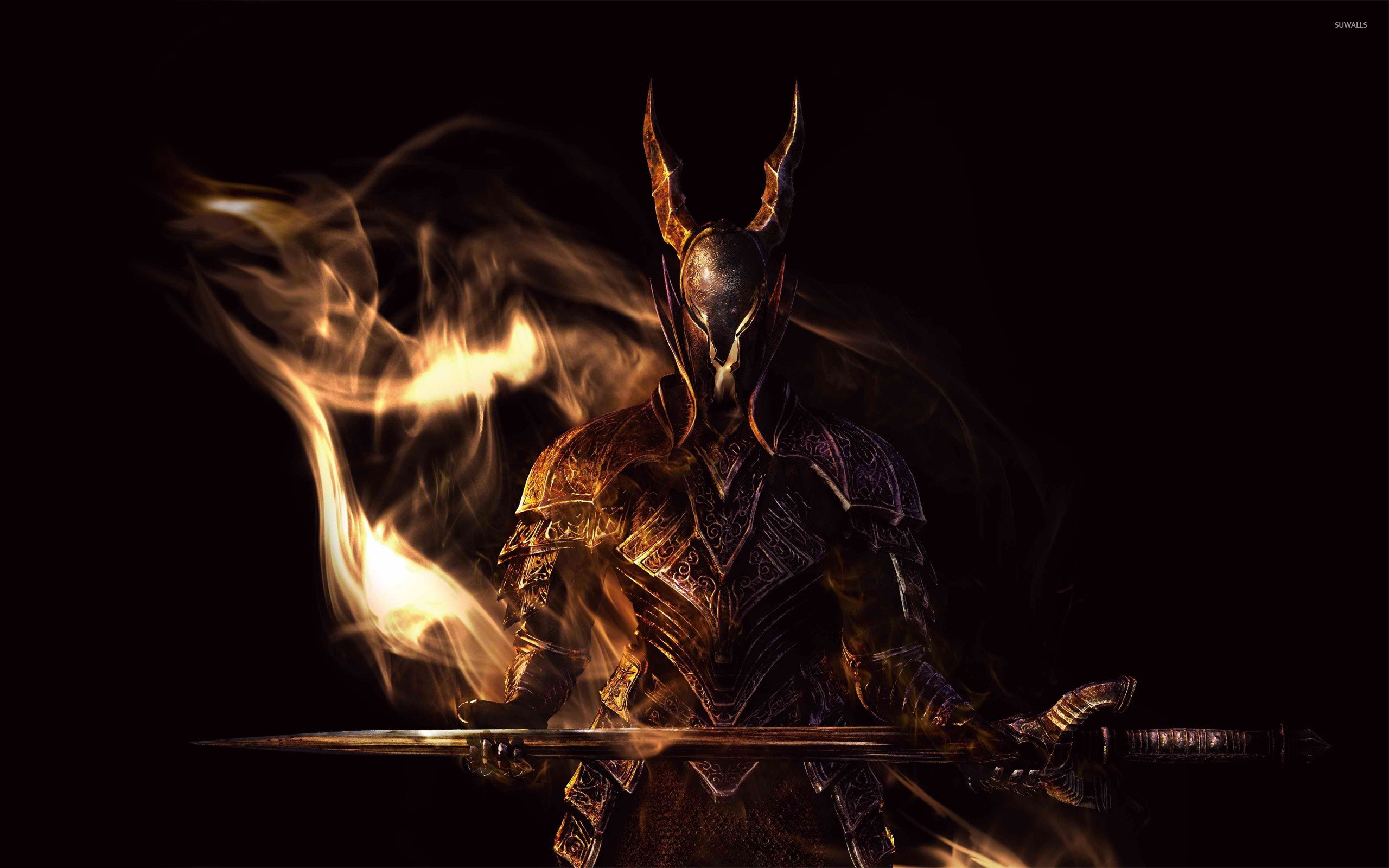 Dark Souls III, Cavaliere, Fiamme, Sfondo nero, 2K, wallpaper per PC