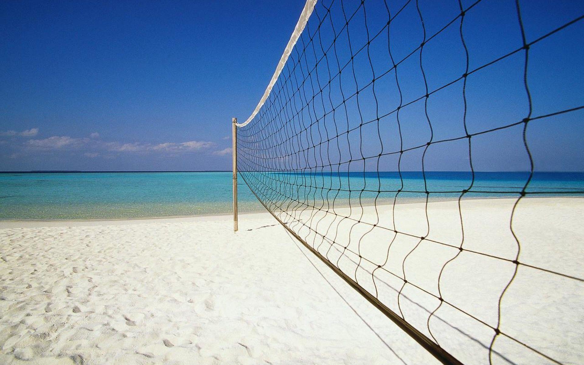 Rete da beach volley, Spiaggia bianca, Mare, Cielo azzurro, 16:10 Full HD, sfondo widescreen