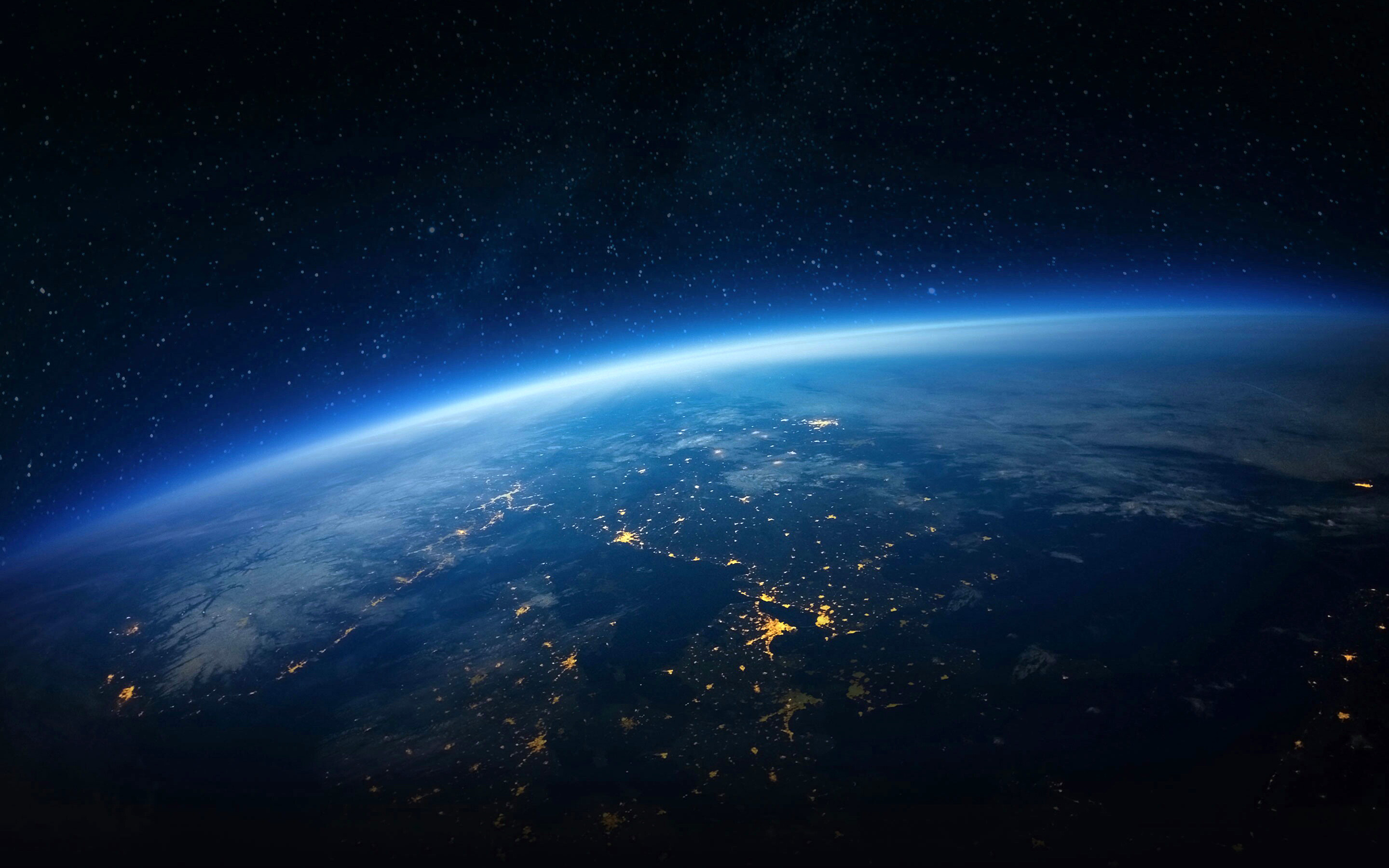 Terra, Vista dallo spazio, Luci delle città, Atmosfera, 2880x1800, sfondo per PC