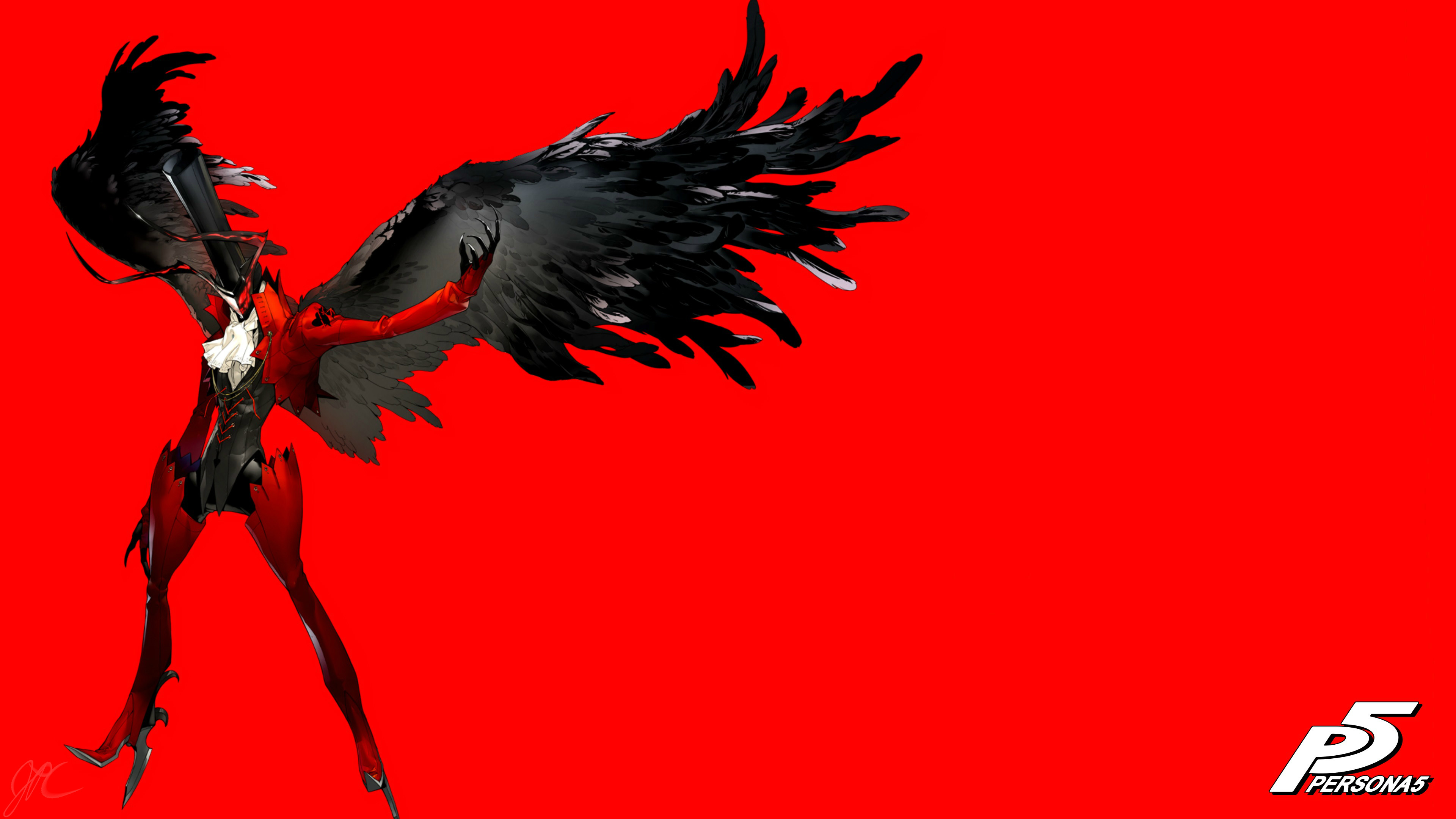 Arsène, Persona 5, Ali nere, Sfondo rosso, 4K, wallpaper desktop