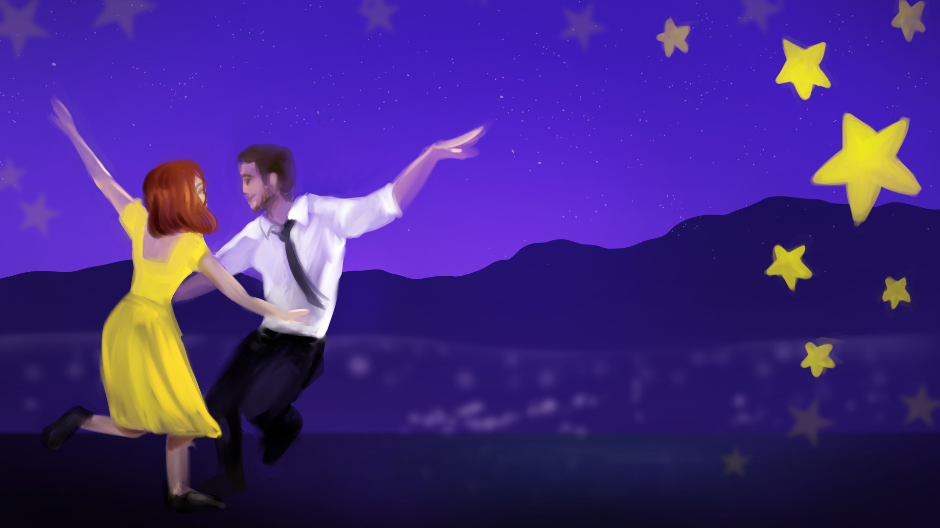 La La Land, Illustrazione, Ballo, Stelle, Viola, 1920x1080, immagine di sfondo