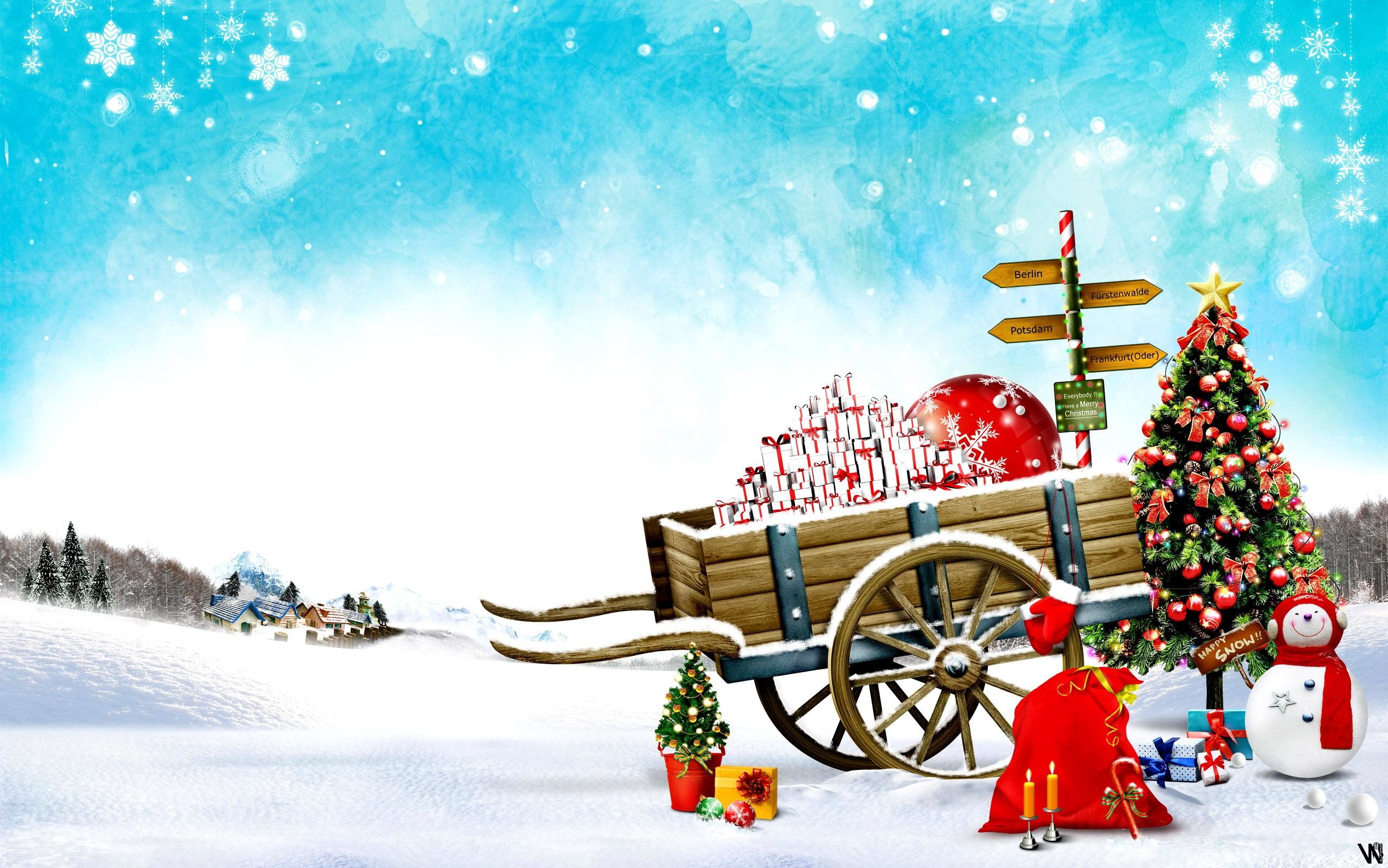Natale, Carretto di legno, Regali, Albero di Natale, Pupazzo di neve, sfondo 2K per PC