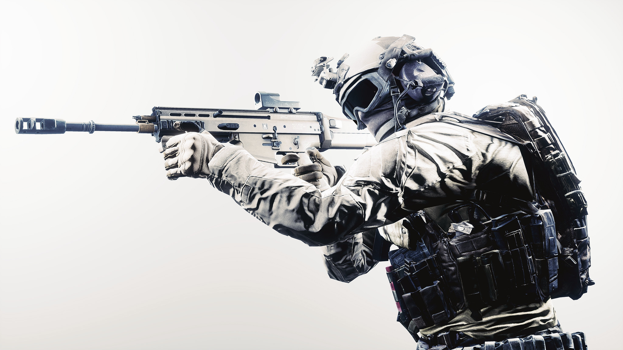 Soldato, Fucile d'assalto, Sfondo bianco, Bianco e nero, 16:9 Full HD, wallpaper widescreen