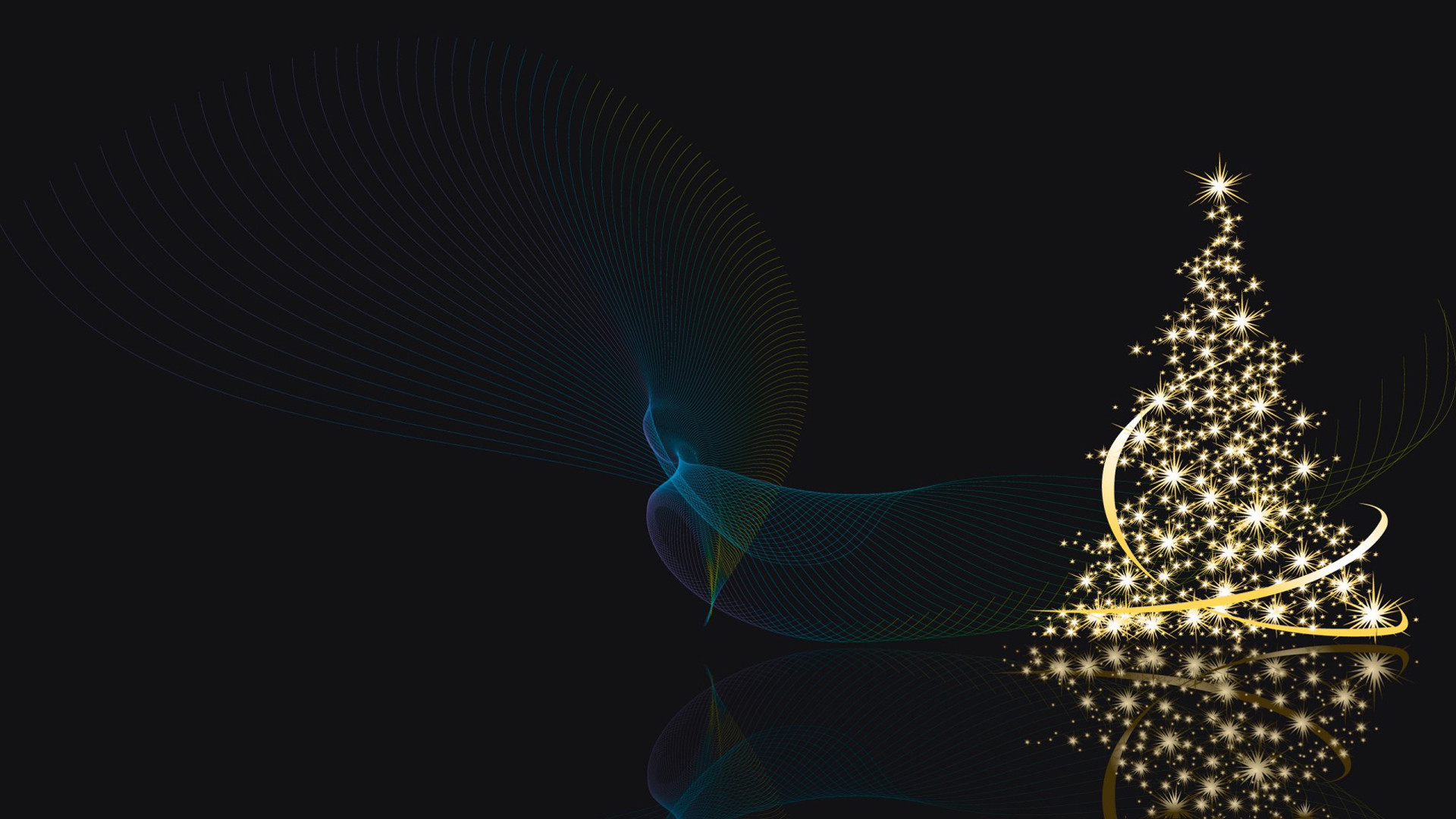 Natale, Albero stilizzato, Scintille dorate, Sfondo nero, 16:9 Full HD, wallpaper widescreen