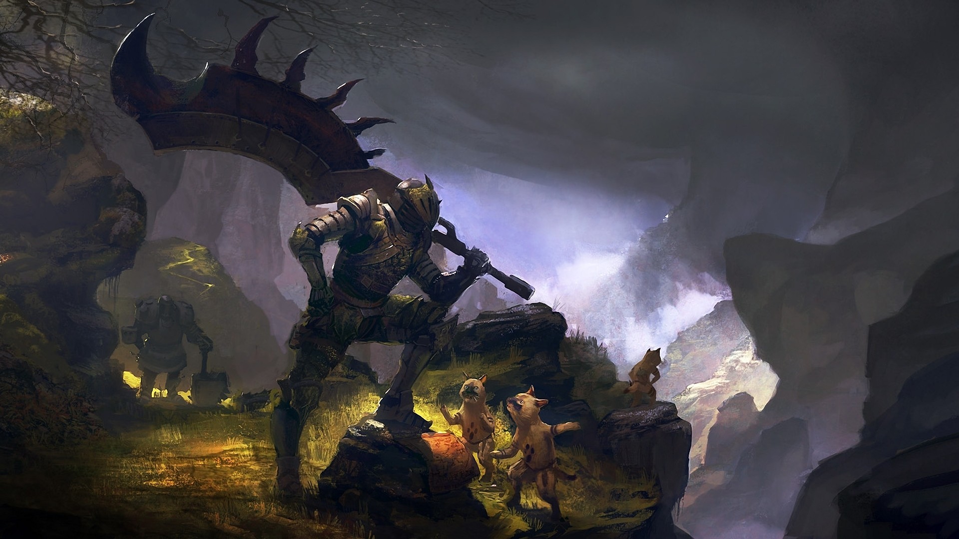 Gigante, Ascia, Guerrieri, Falò, Arte fantasy, Full HD, wallpaper per computer