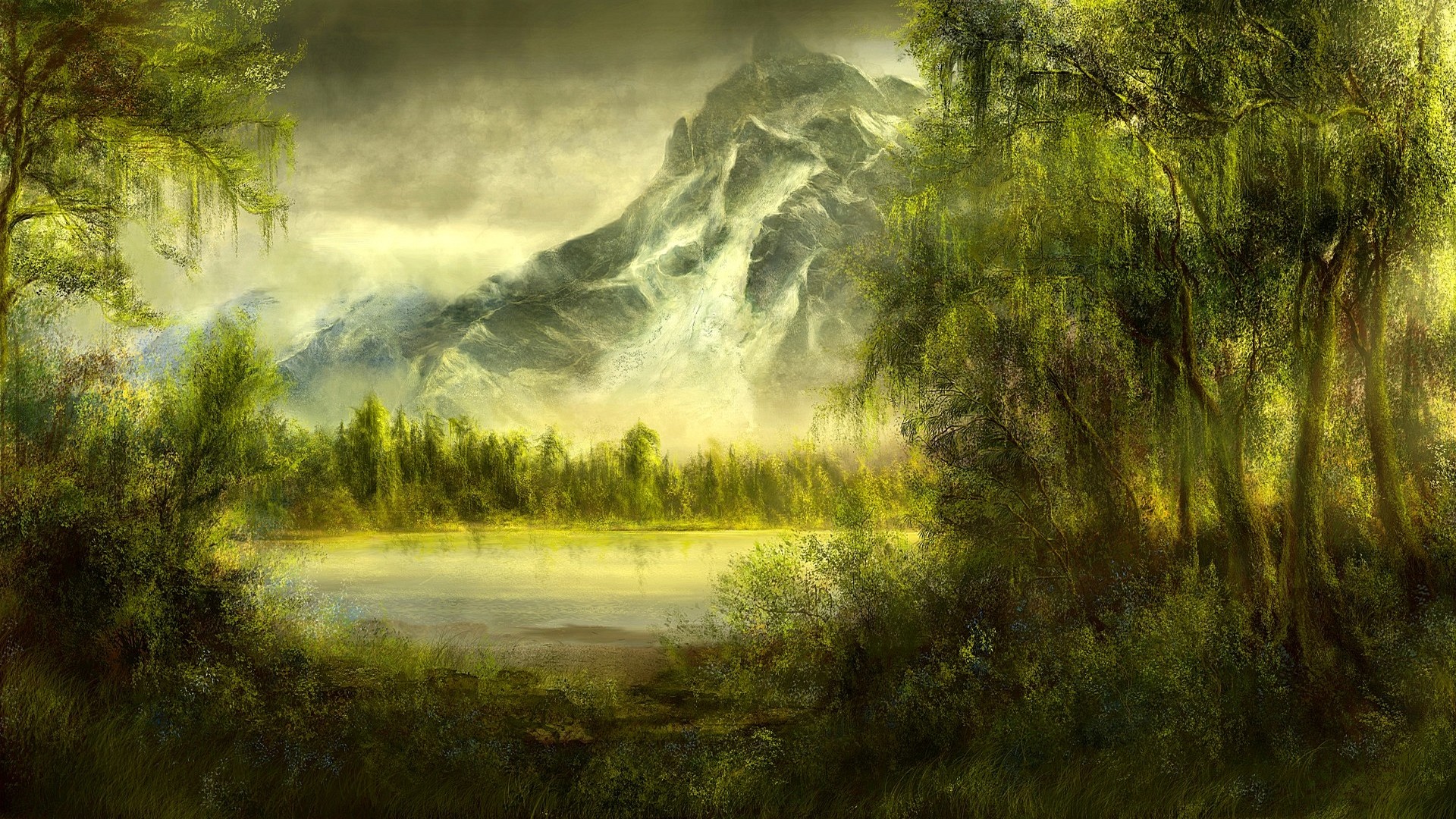 Paesaggio dipinto, Montagne, Lago, Alberi, Pittura, Full HD, sfondo Windows 11