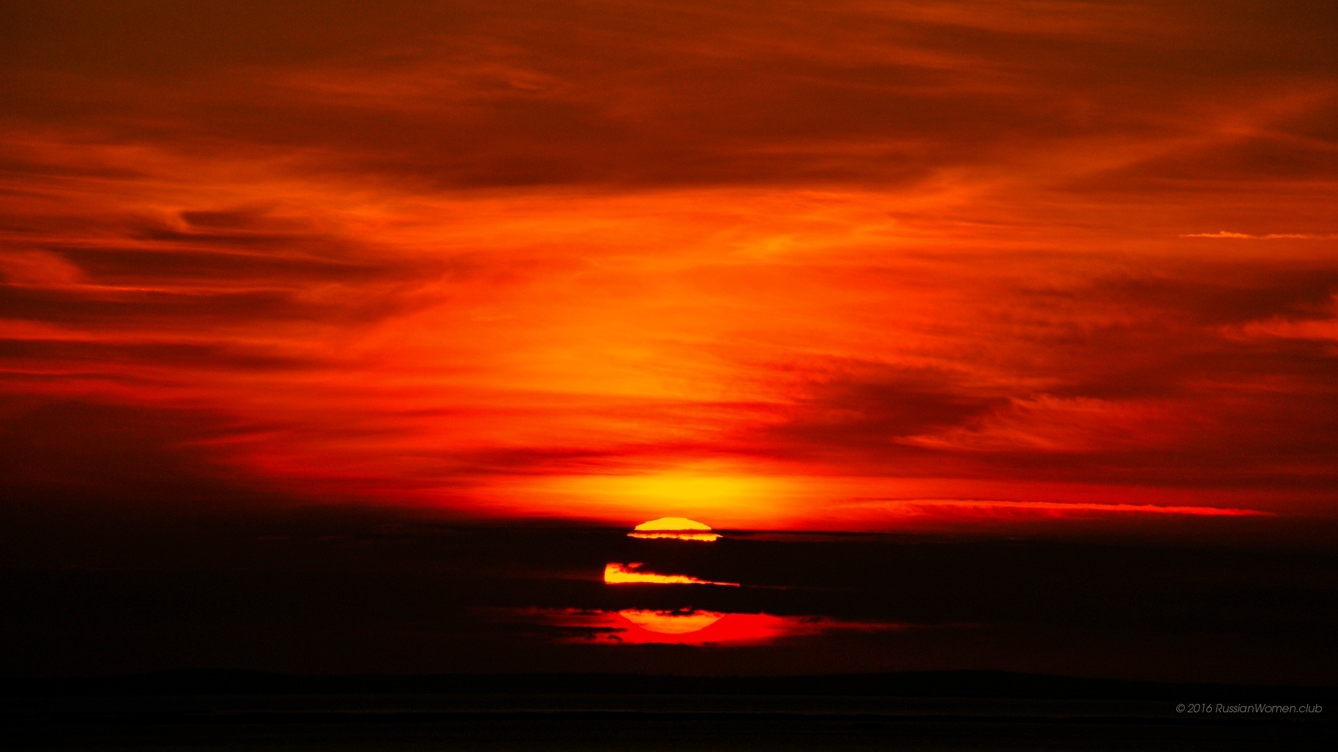 Tramonto, Cielo rosso, Sole, Orizzonte, 16:9 Full HD, sfondo widescreen