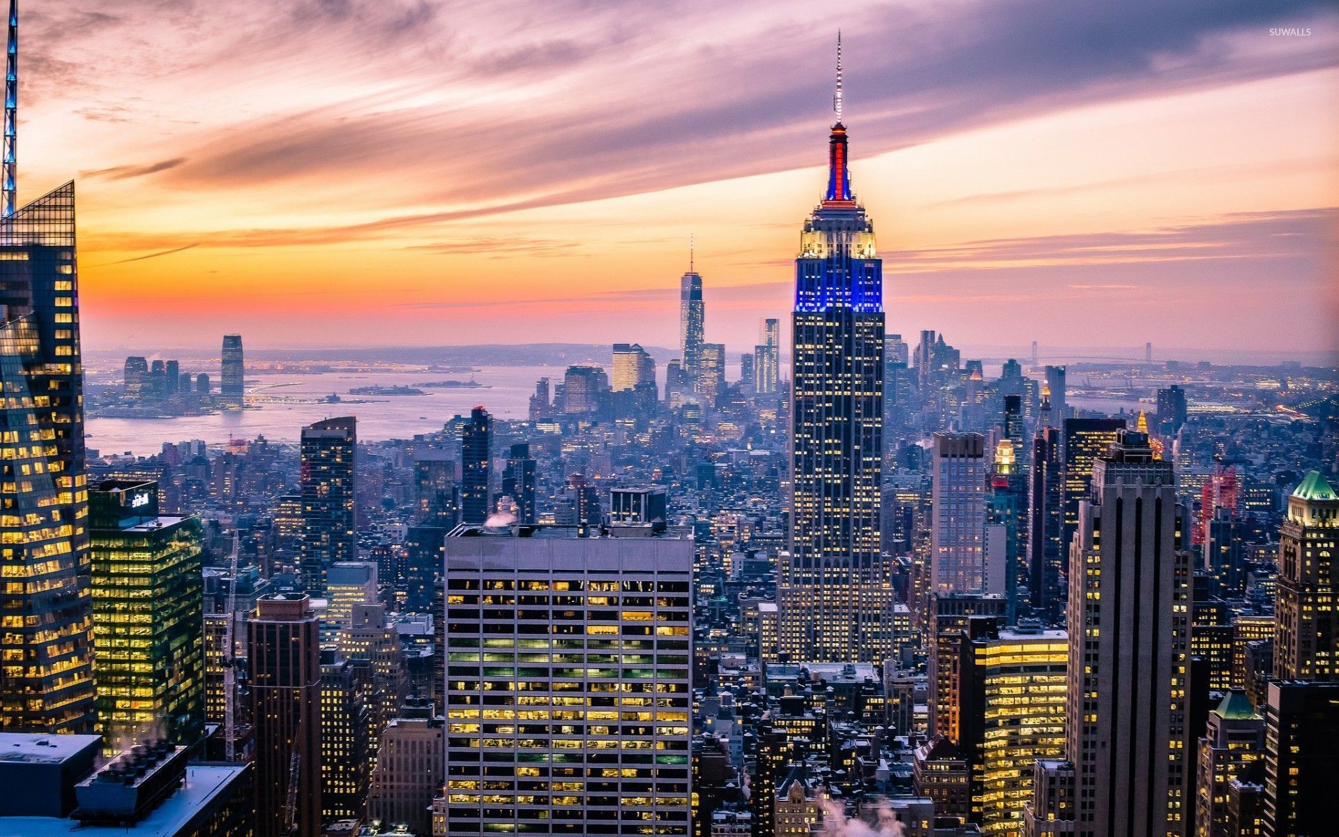 Empire State Building, One World Trade Center, Tramonto, Manhattan, sfondo 16:10 Full HD