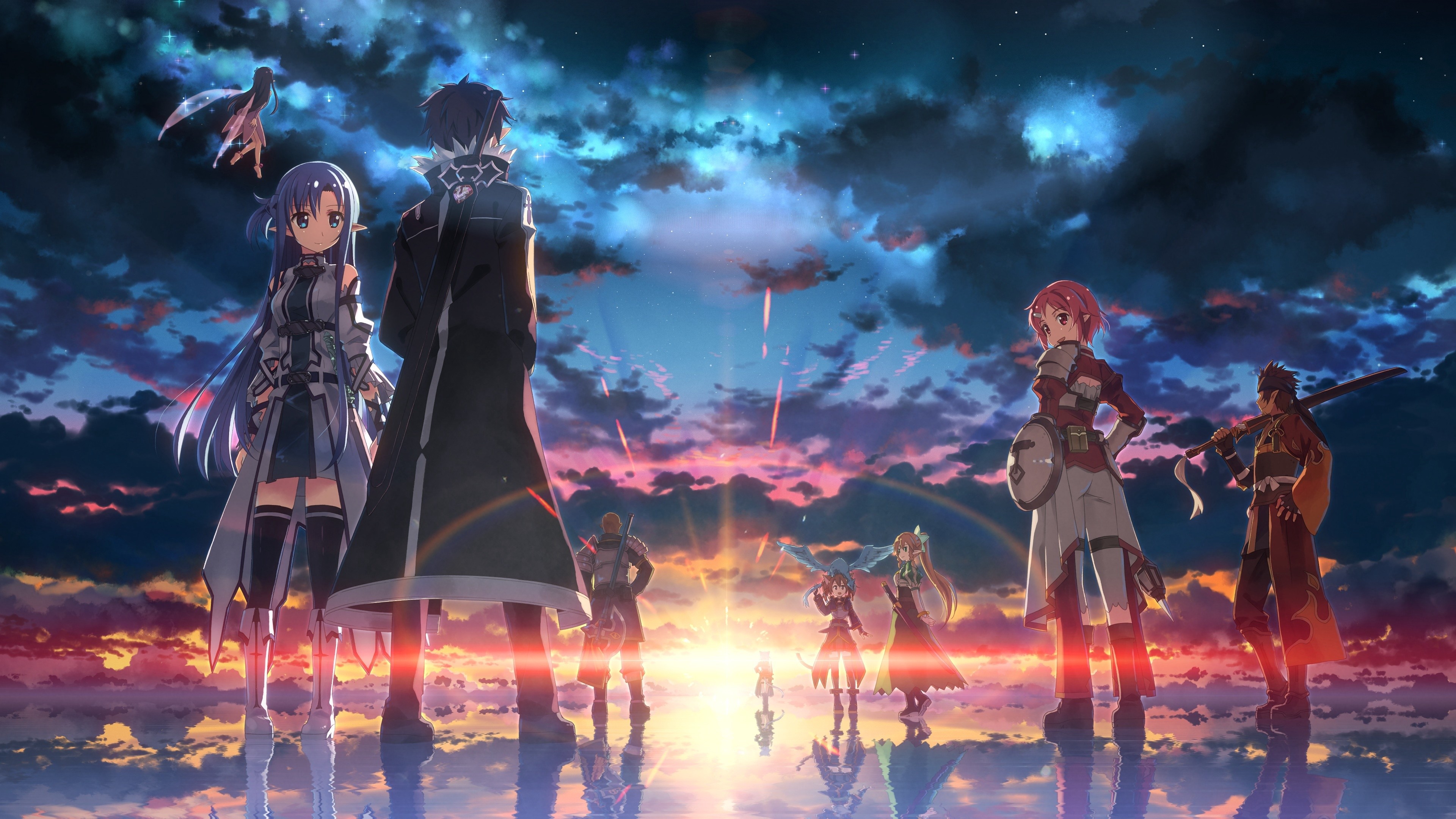 Kirito, Asuna, Lisbeth, Klein, Sword Art Online, Tramonto, Riflesso, sfondo Windows 11