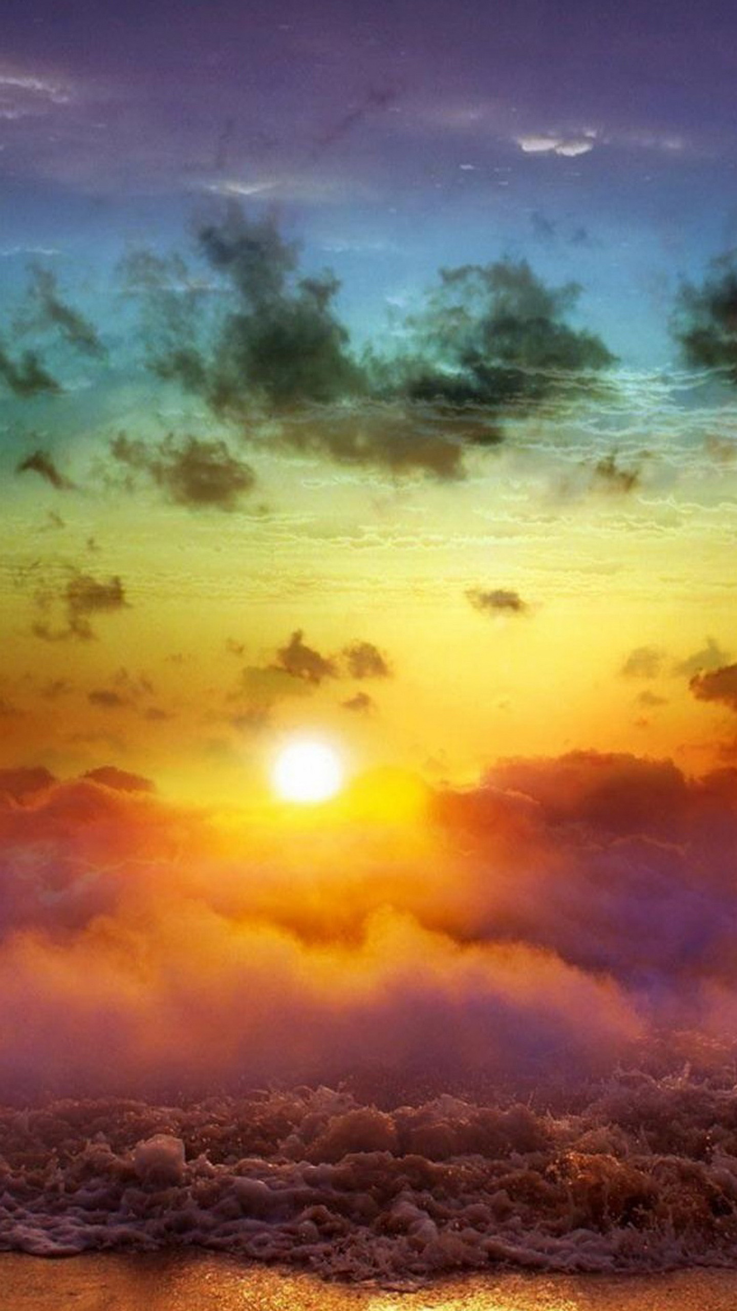 Tramonto, Nuvole, Sole, Cielo arancione, QHD+, sfondo per smartphone