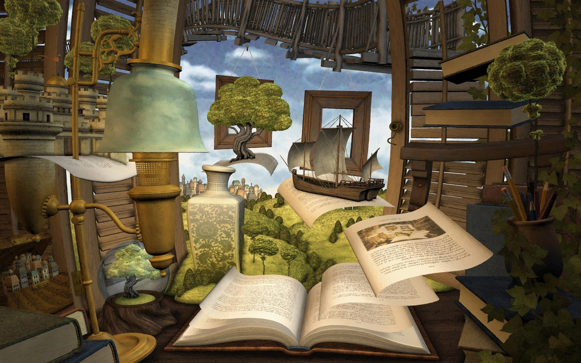 Libro aperto, Surreale, Veliero, Albero, Fantasy, 1920x1200, immagine di sfondo