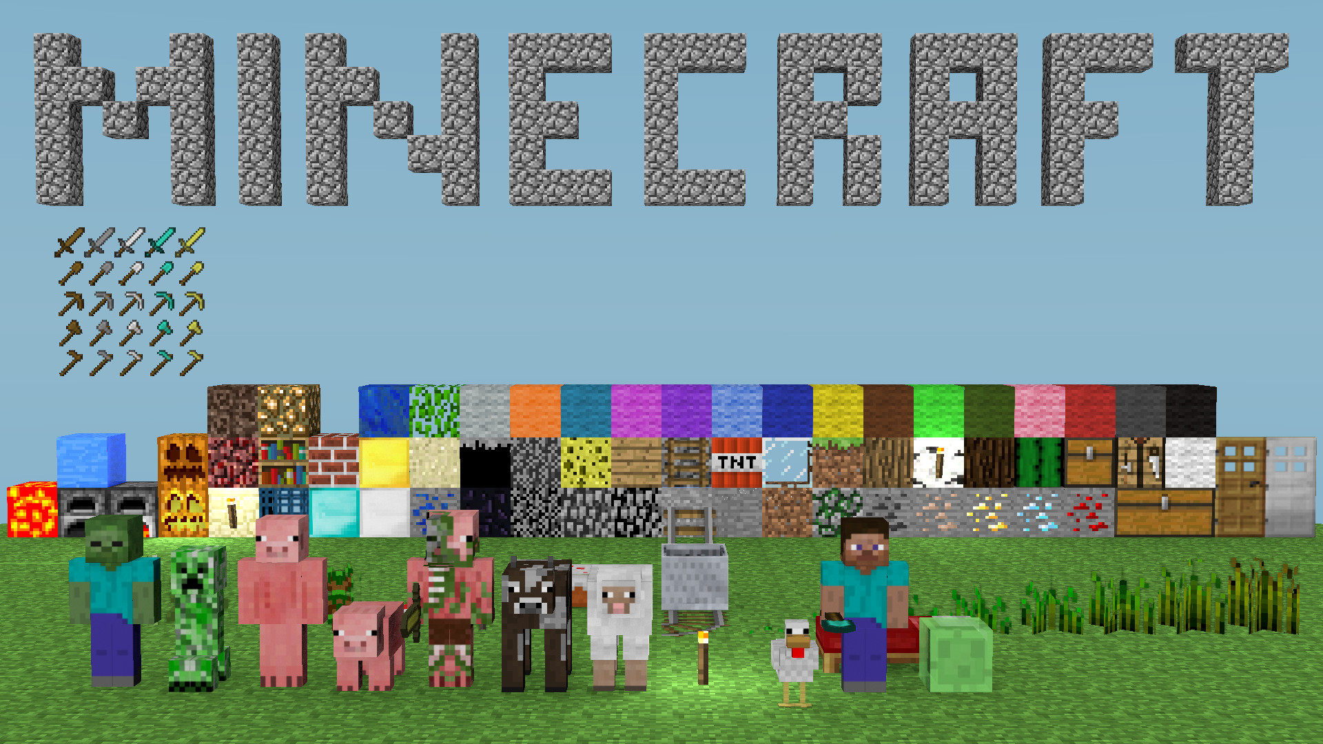 Minecraft, Logo, Blocchi, Mob, Strumenti, Full HD, sfondo per PC